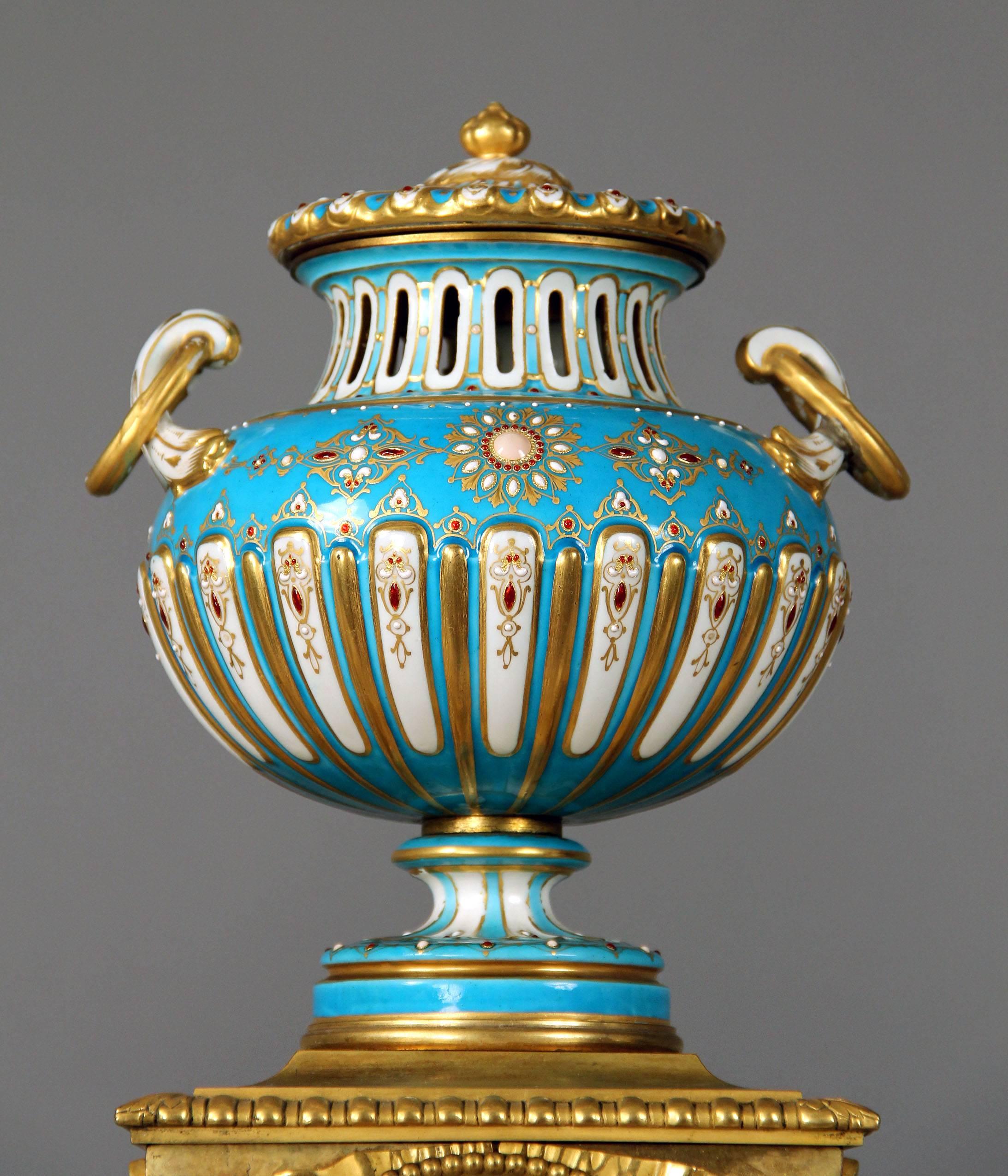 Belle Époque Late 19th Century Gilt Bronze and Turquoise Sèvres Porcelain 'Jeweled' Clock Set For Sale
