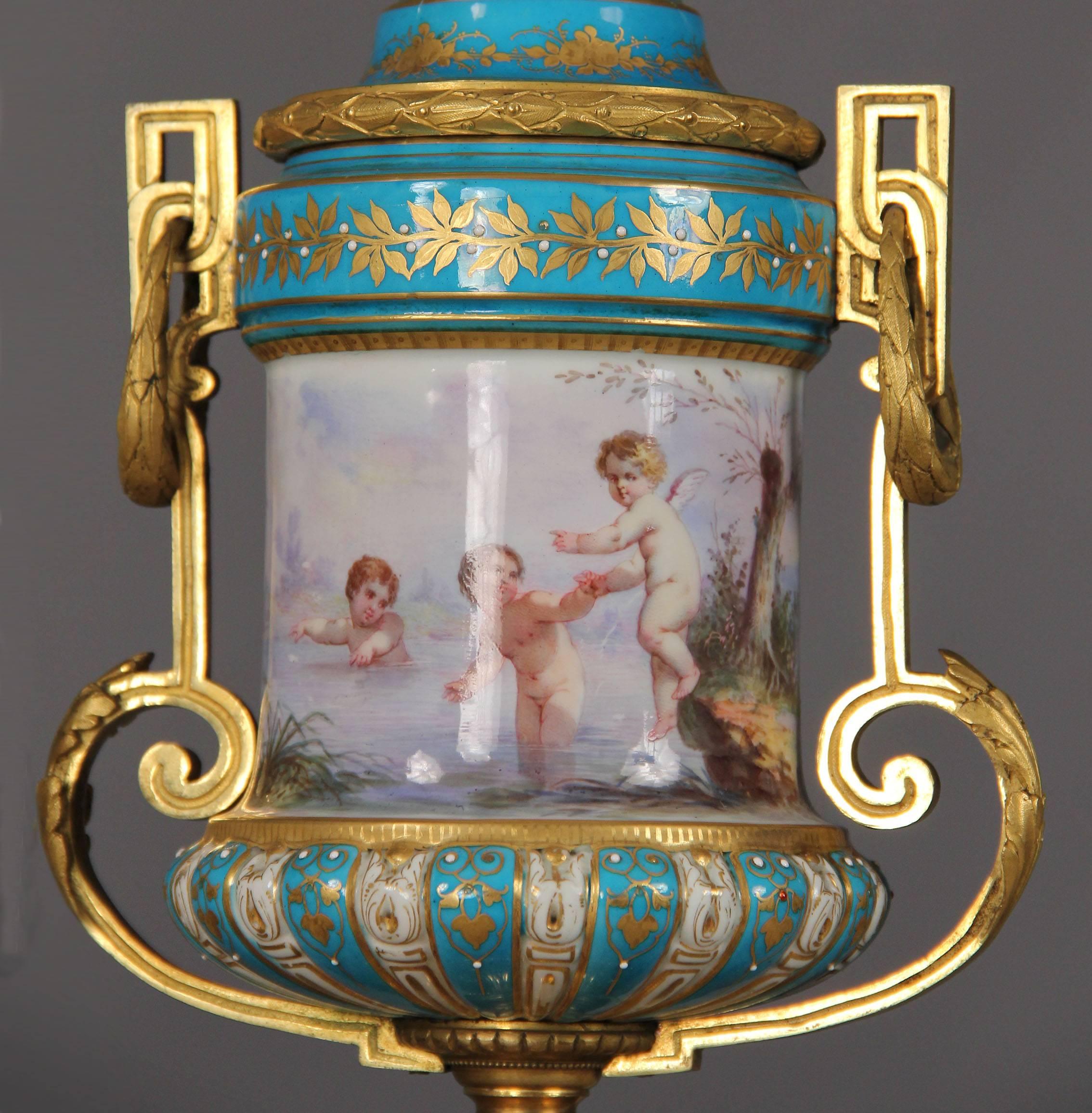 Late 19th Century Gilt Bronze and Turquoise Sèvres Porcelain 'Jeweled' Clock Set For Sale 1