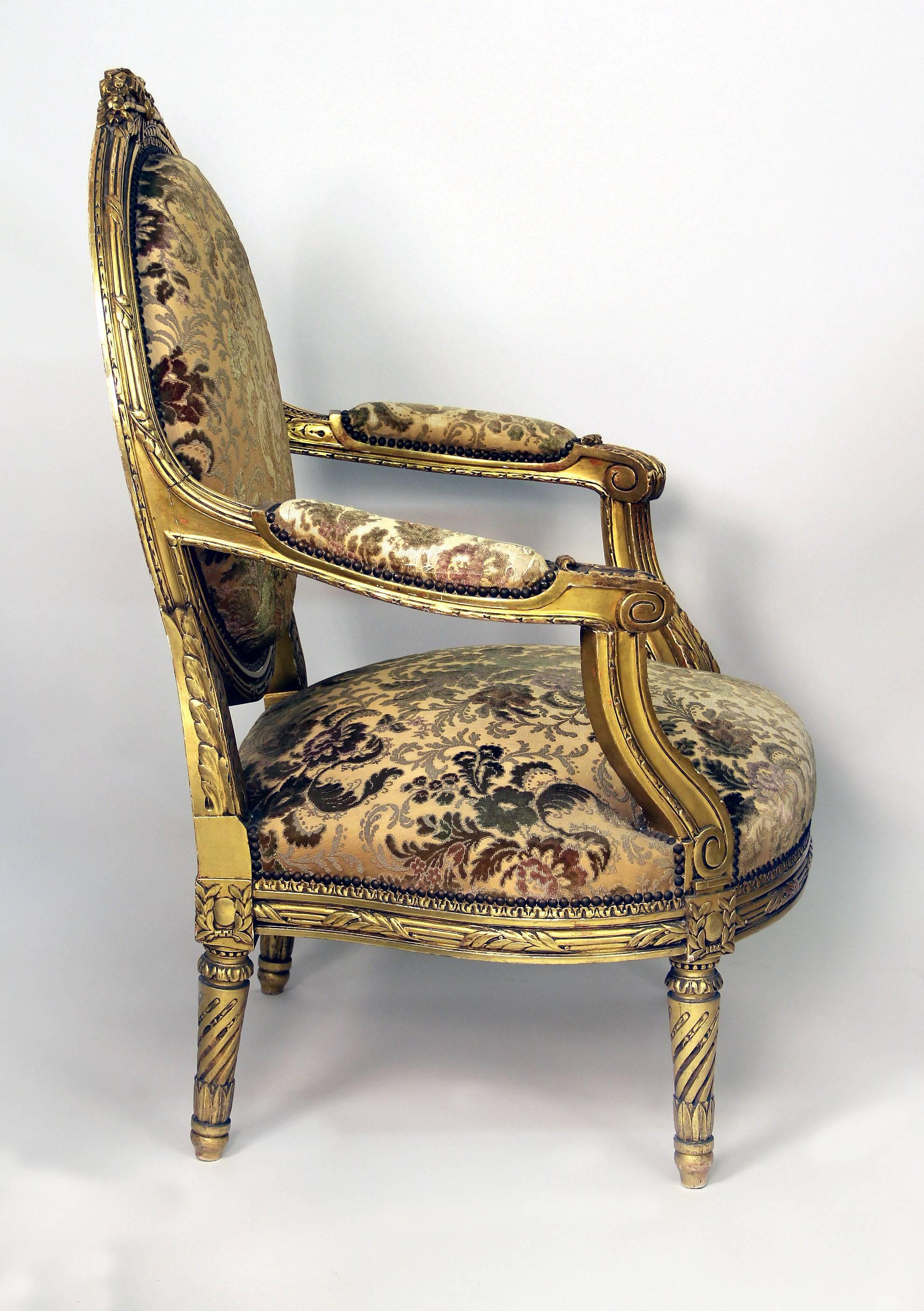Belle Époque Important Set of Four Late 19th Century Louis XVI Style Giltwood Armchairs