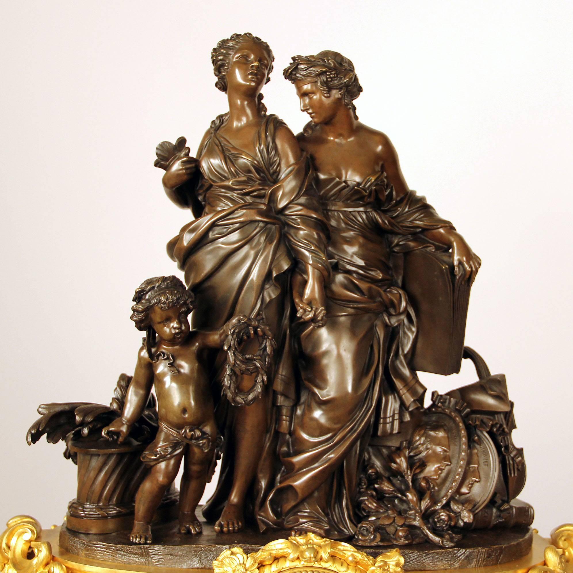 An exceptional and very fine late 19th century gilt and patinated bronze figural mantle clock 

By Jean-François and Guillaume Denière

The fine bronze sculpture of two maidens and a cherub with instruments, books and trophies sitting upon a