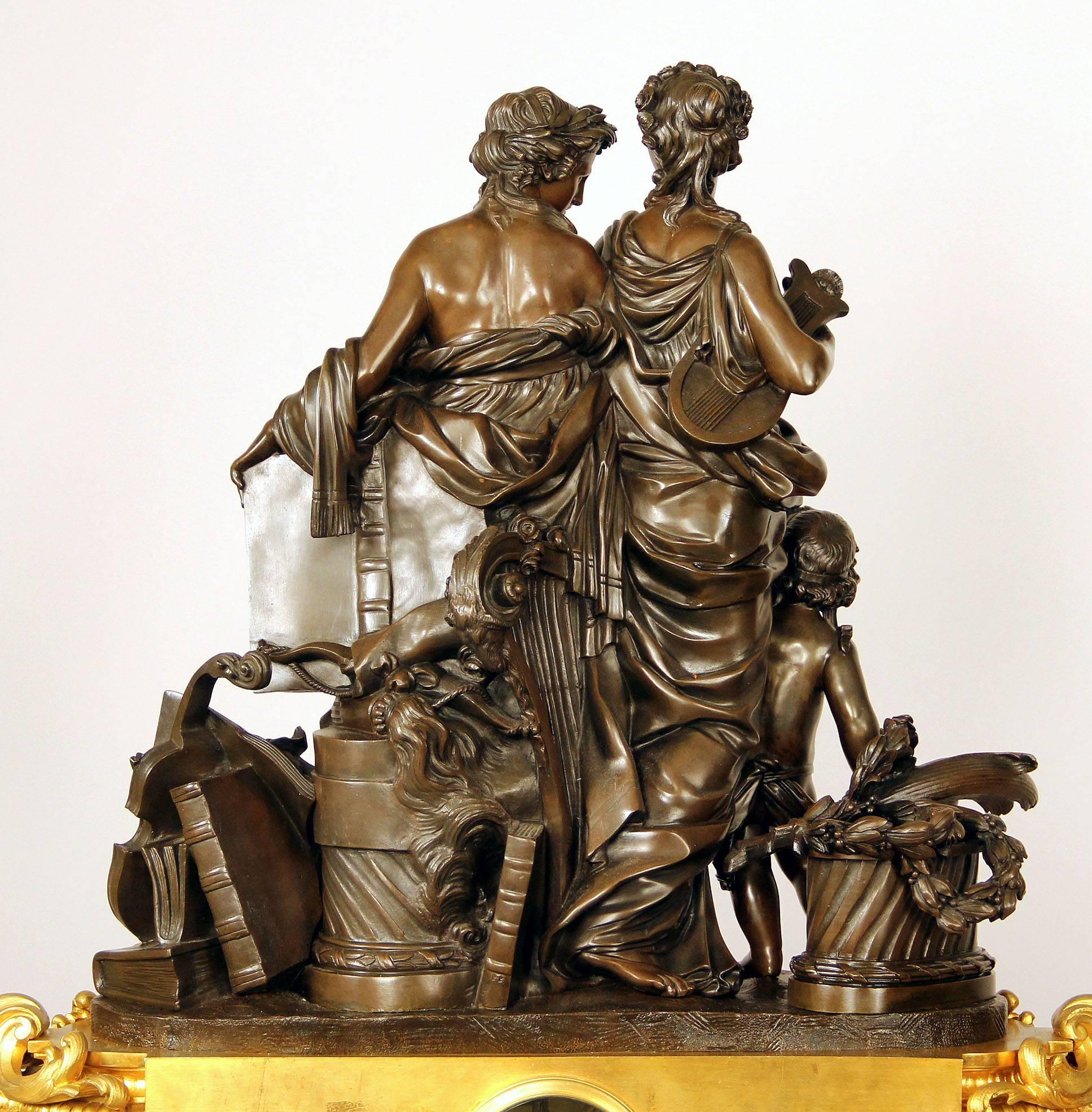 Belle Époque Exceptional Late 19th Century Gilt and Patinated Bronze Figural Clock by Denière