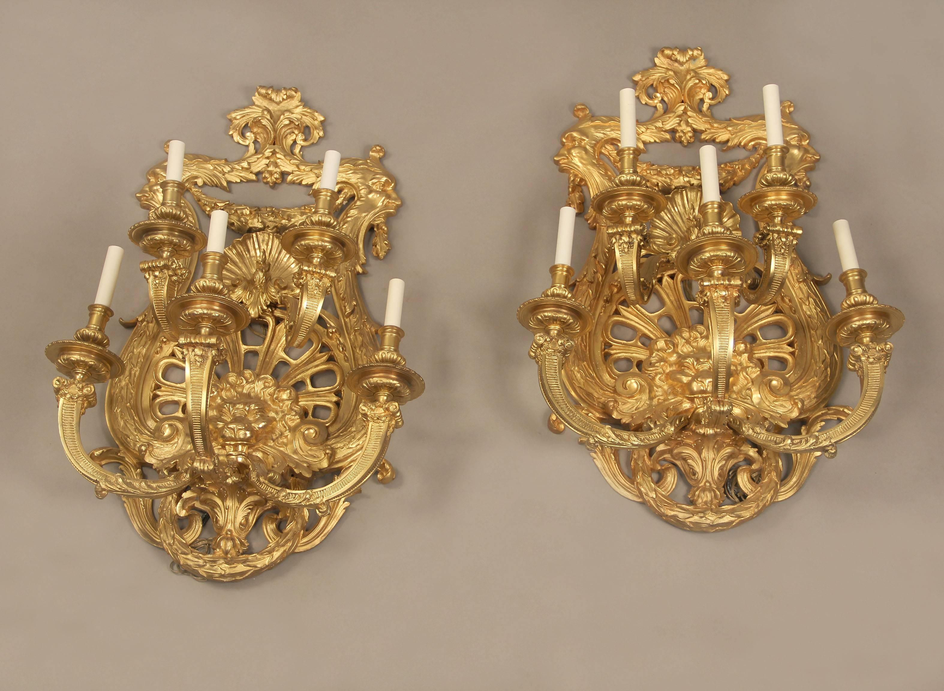 Belle Époque Fine Set of Four Important Late 19th Century Gilt Bronze Five-Light Sconces For Sale