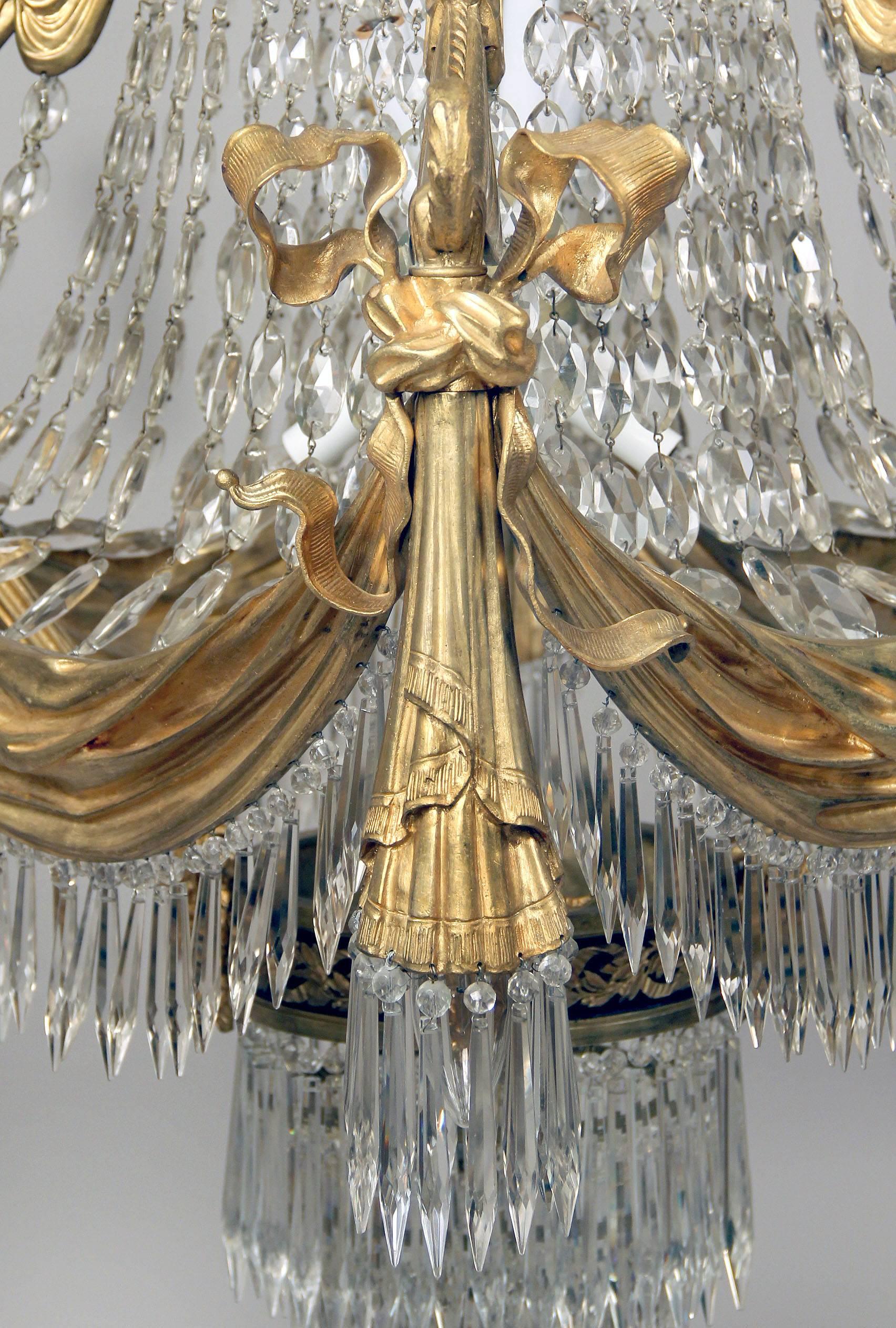 Stunning Late 19th Century Gilt Bronze and Drop Crystal Chandelier In Good Condition For Sale In New York, NY