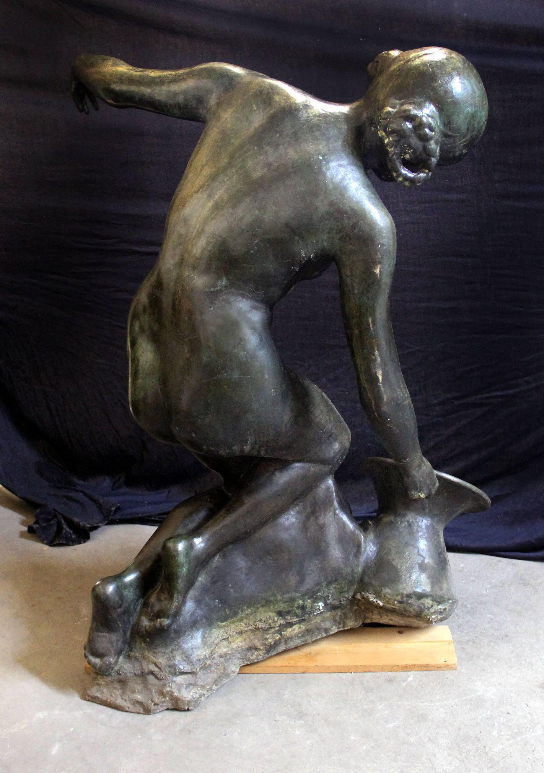 Italian Early 20th Century Bronze Fountain of a Woman with Amphora by Amleto Cataldi