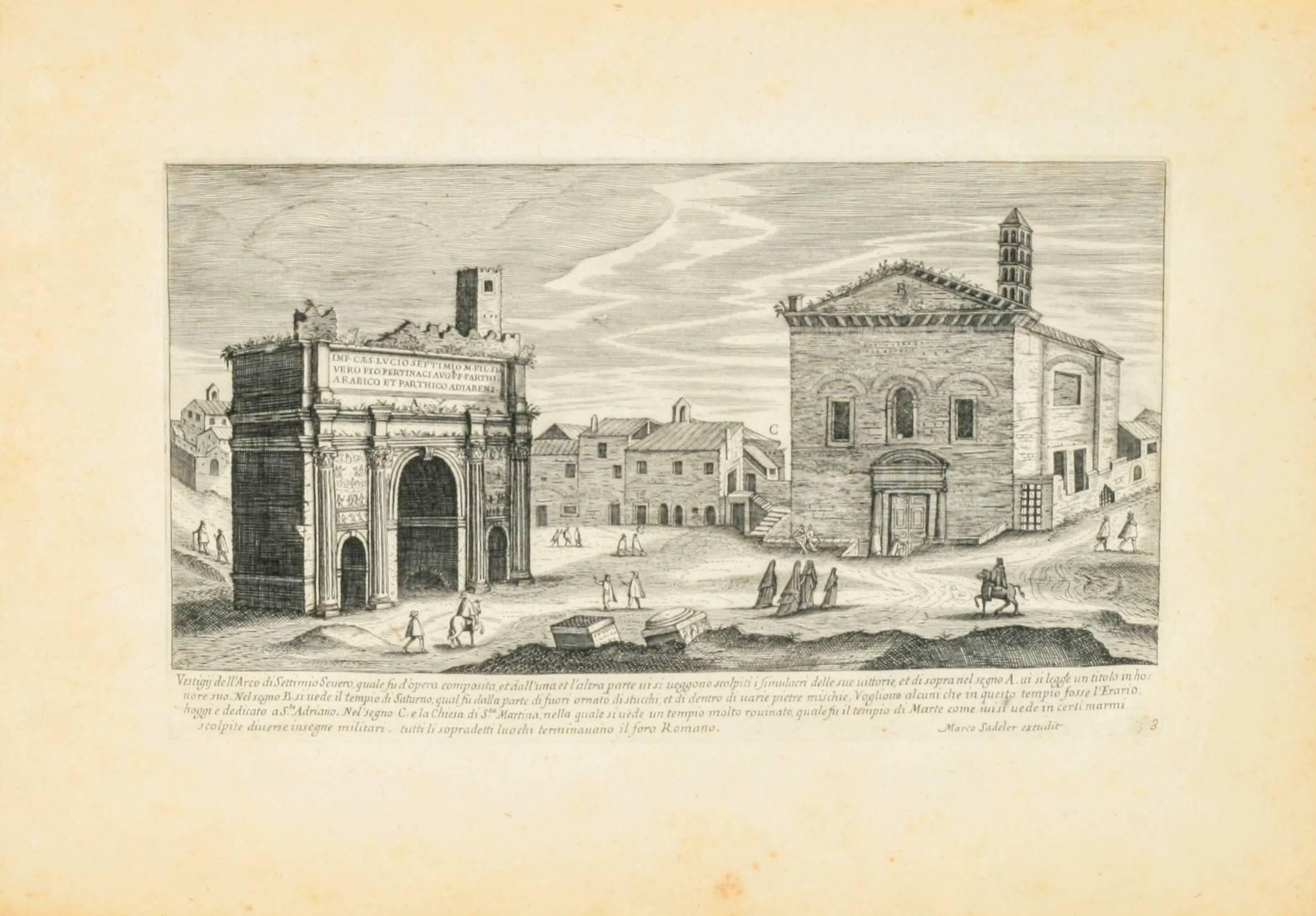 Beautiful 1660 engraving of the Roman Forum, the Capitoline Hill, and the Arch of Septimus Severus, by Marco Sadeler.

Exquisite original engraving from 1660 of Rome showing parts of the Capitoline Hill, The Roman Forum, and the Arch of Septimus