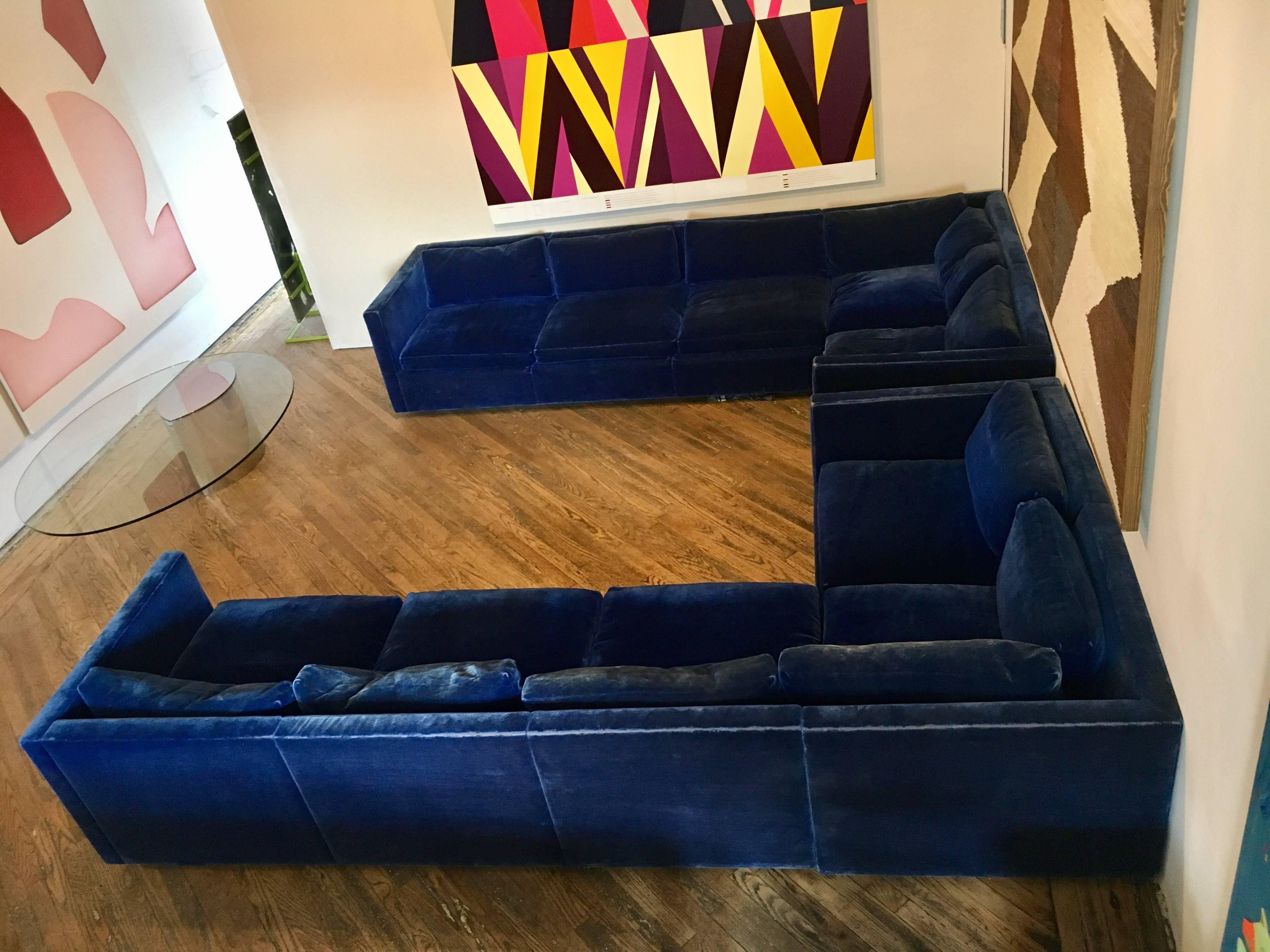 Sectional sofa designed by Charles Pfister for Knoll, upholstered in a deep ultramarine velvet. 

Can be used in vintage condition or upholstered for an additional fee.

It consists of two two-seat sections 68" wide and two three-seat