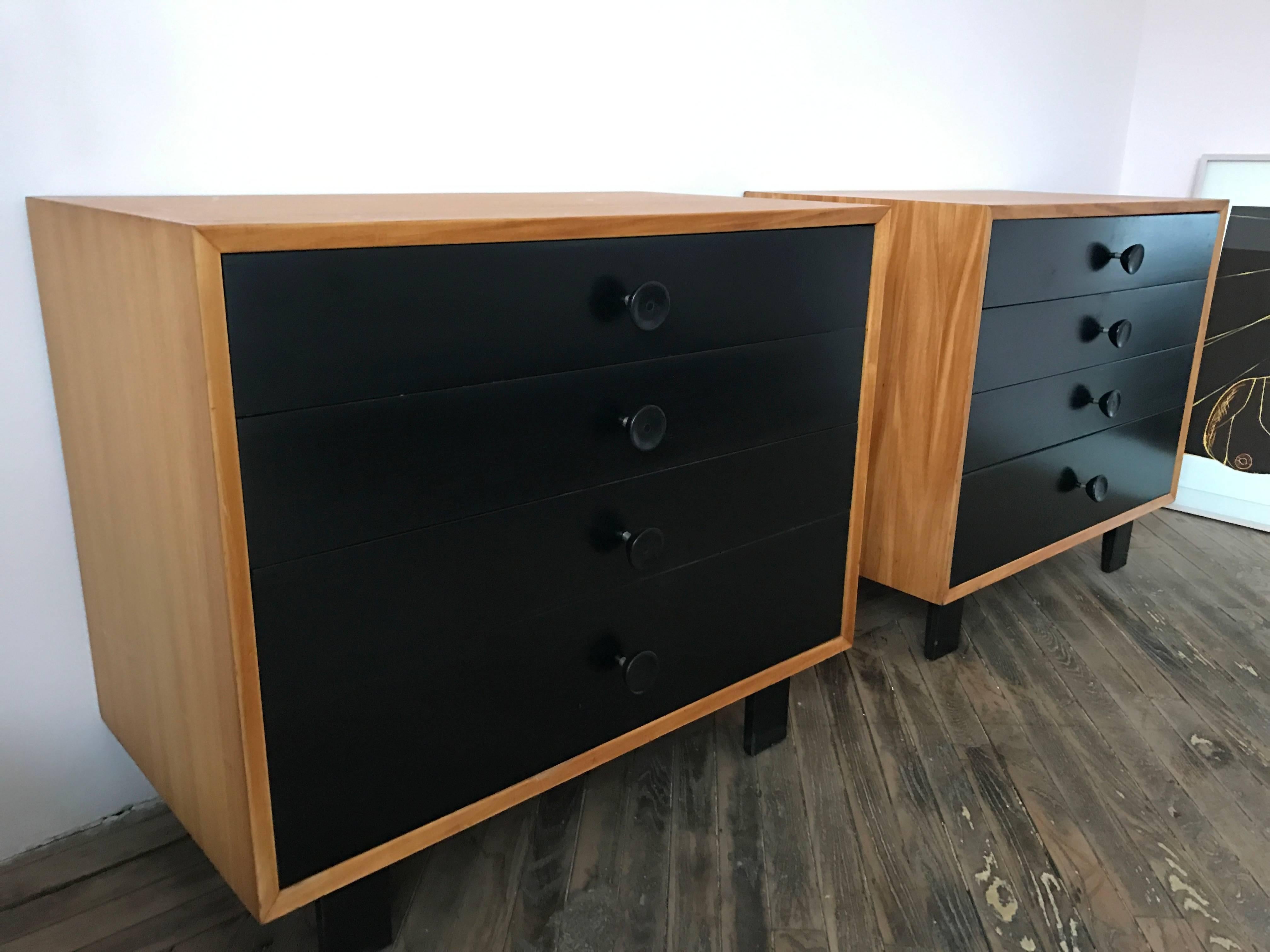 Pair of George Nelson four-drawer dressers for Herman Miller, circa 1948.
Birch, original black lacquer drawers and 