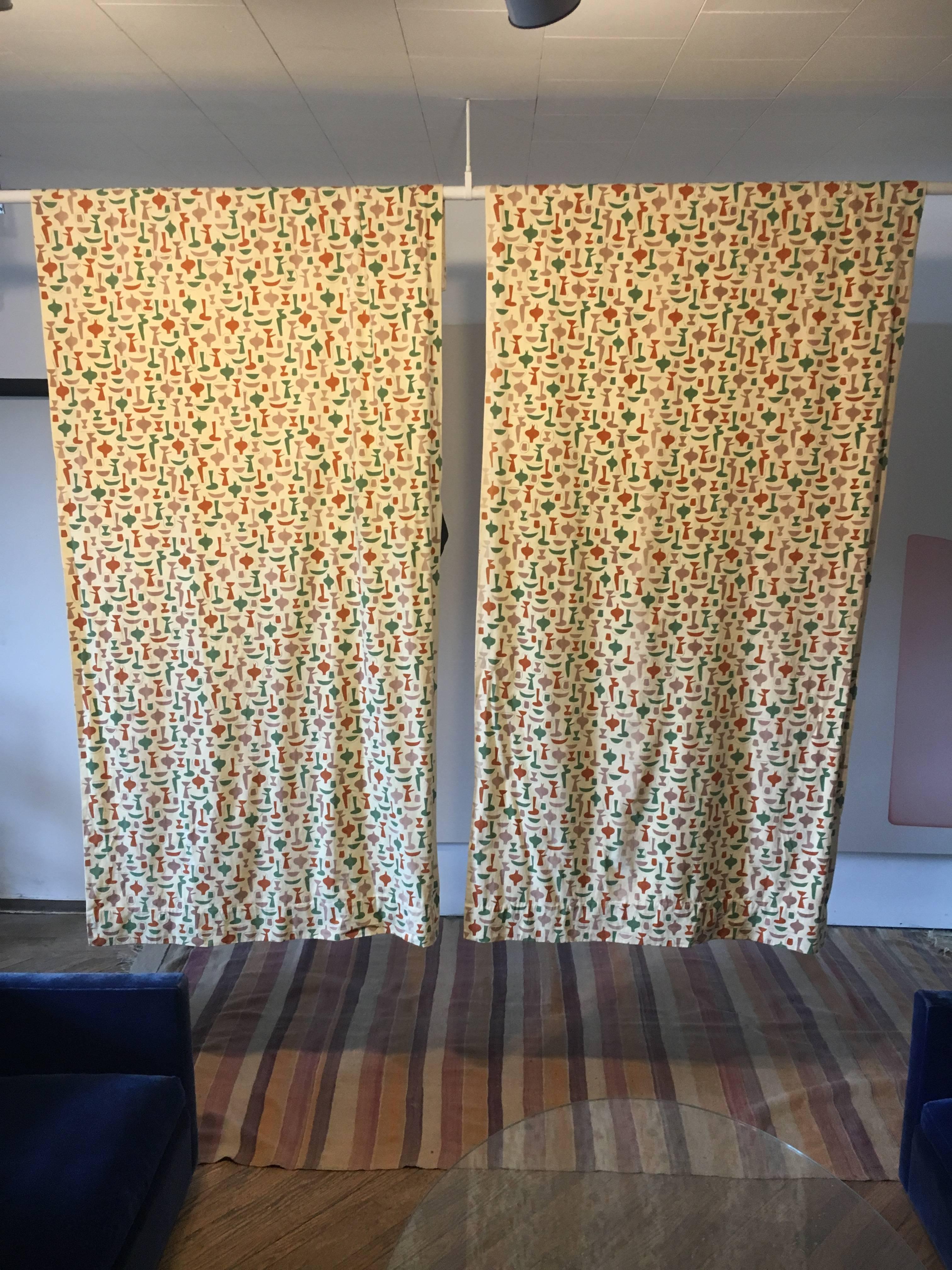 Pair of China shop textile/curtain panels designed by George Nelson, circa 1953.
Hand printed on cotton by Schiffer Prints Division, Mil-Art Co., Inc.

Each panel measures 92
