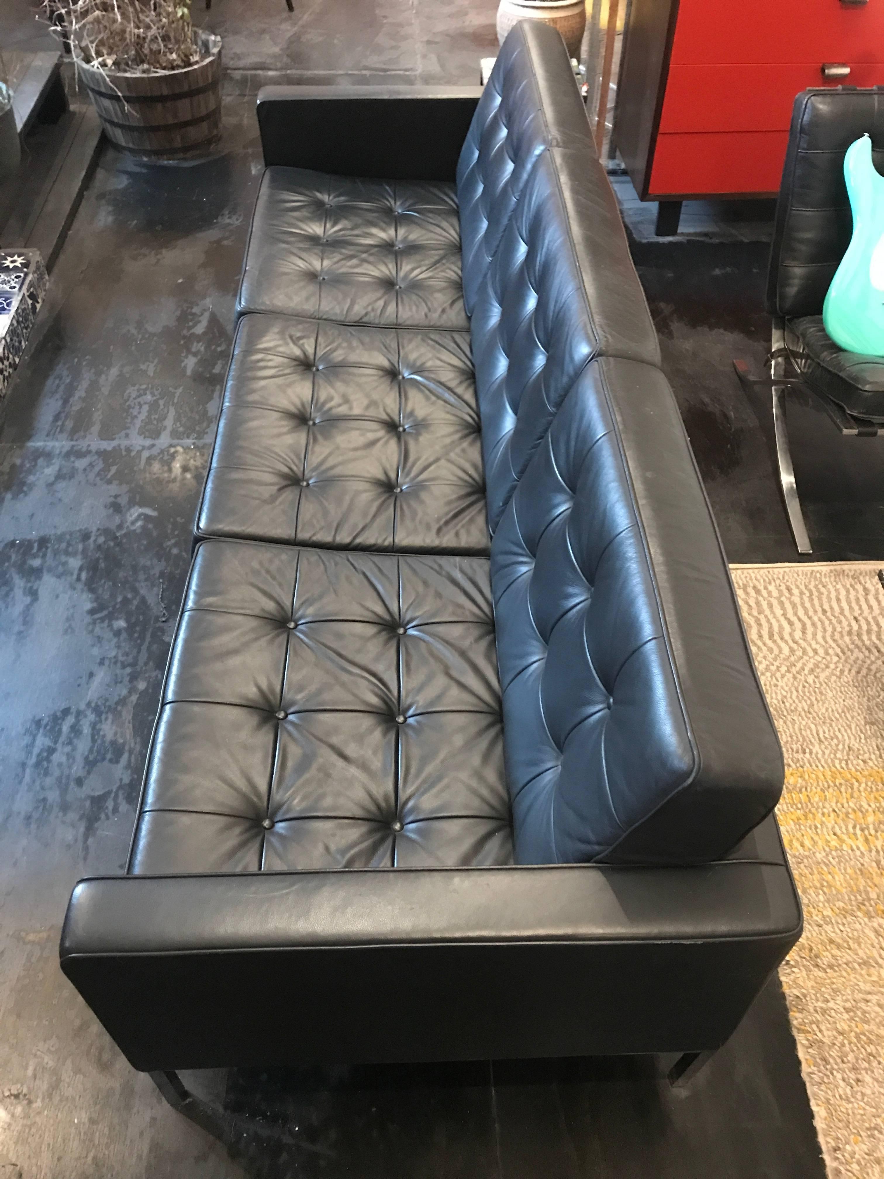 Mid-Century Modern Florence Knoll Three-Seat Sofa Black Leather