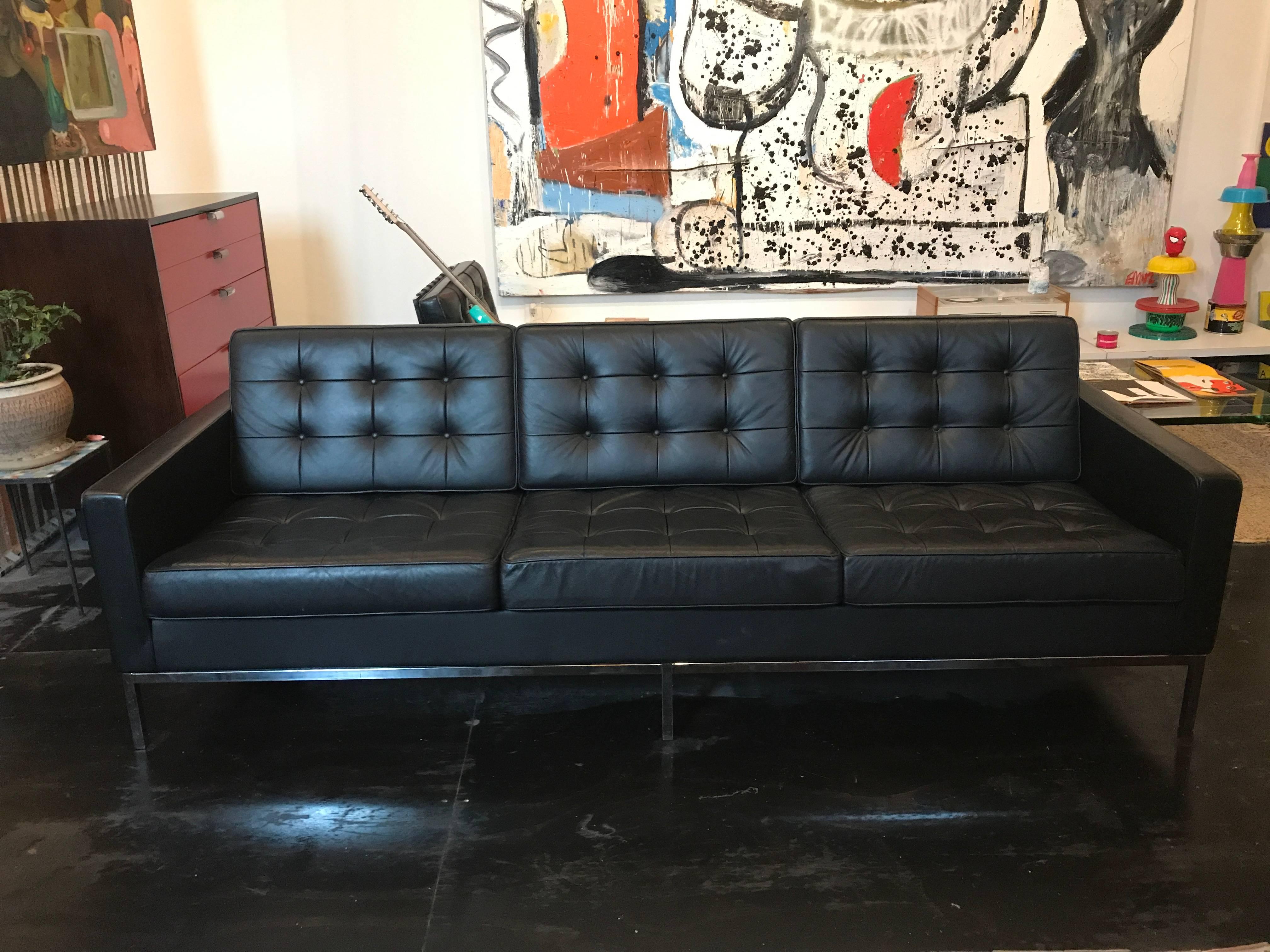 American Florence Knoll Three-Seat Sofa Black Leather