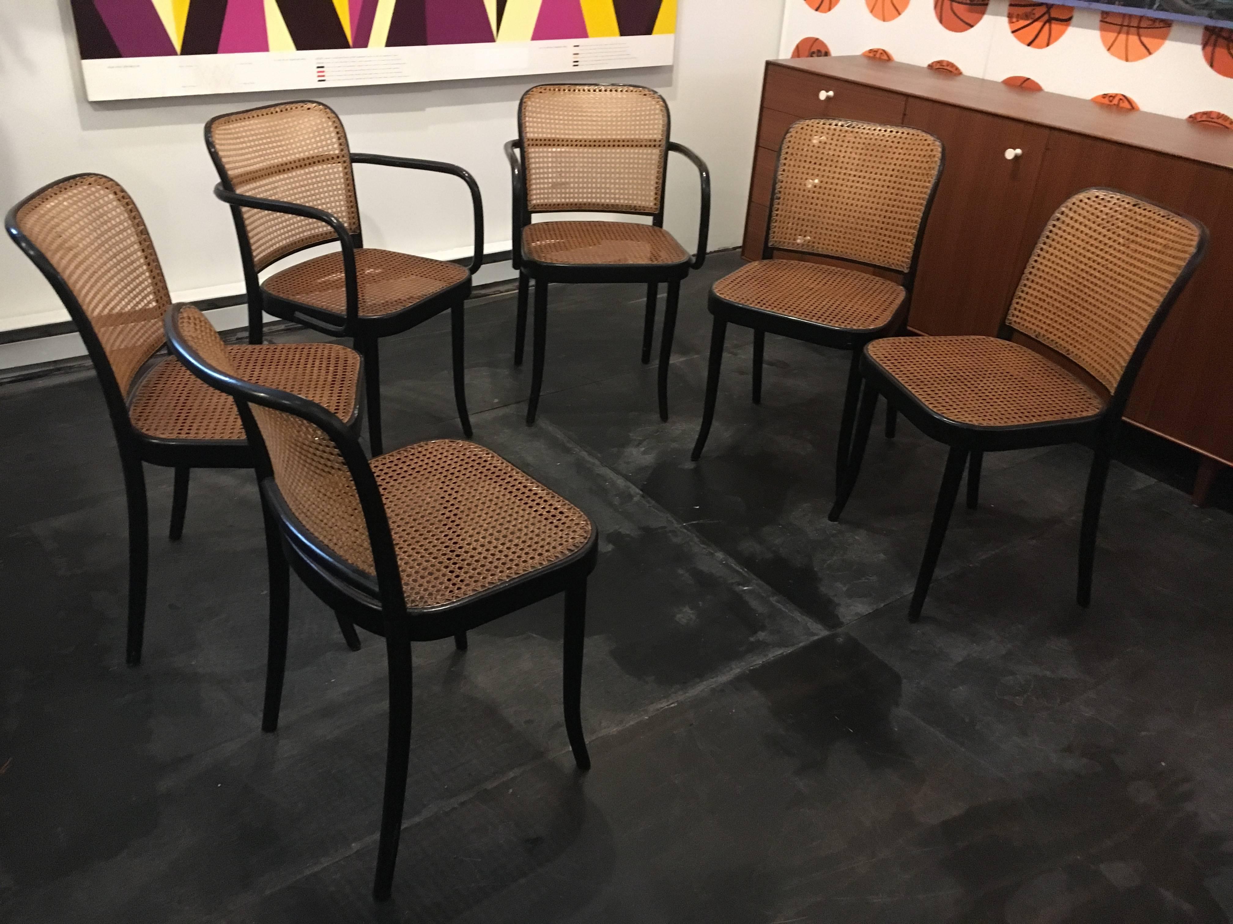 Czech Set of Six Modern Cane Dining Chairs Josef Frank