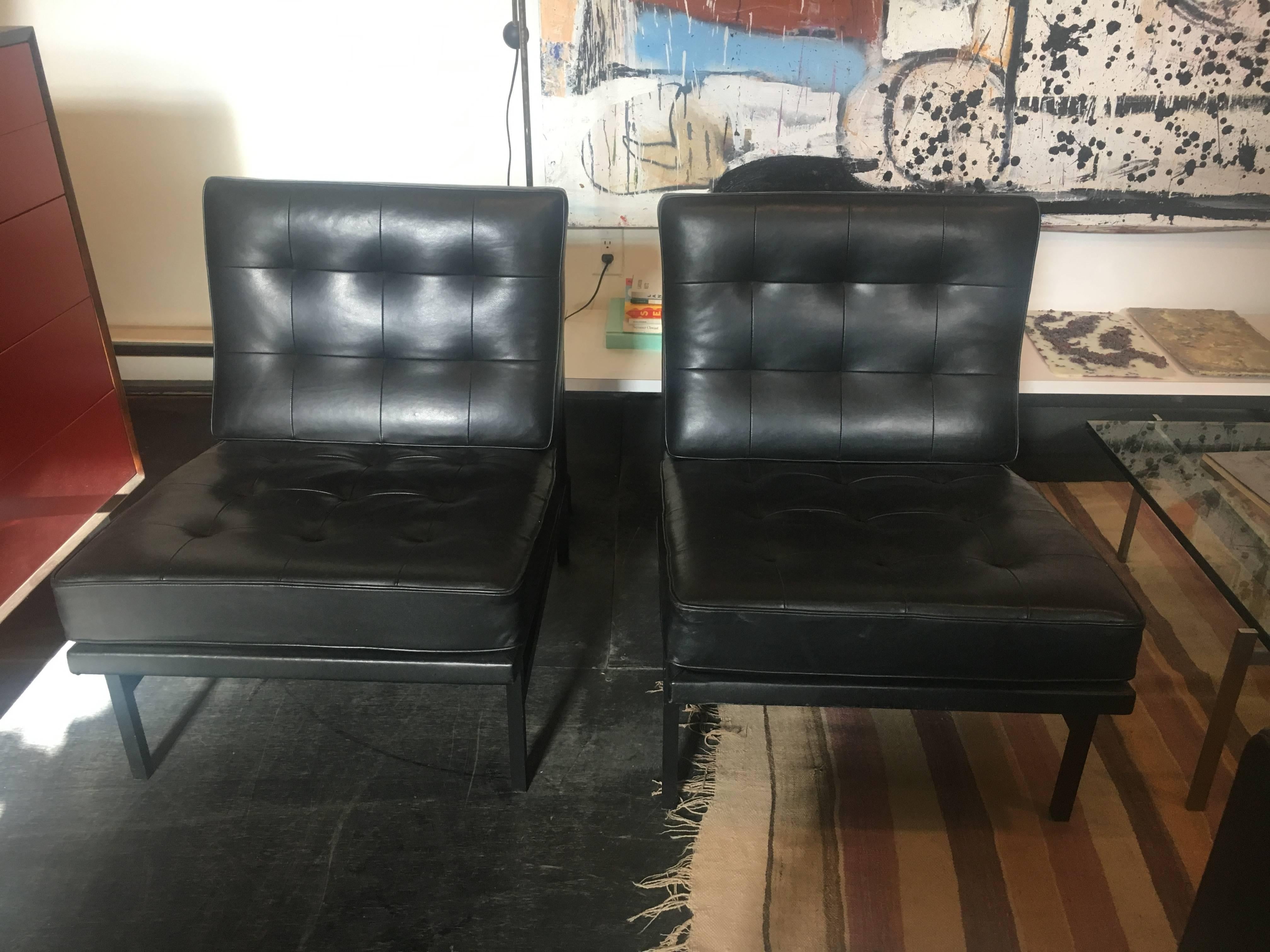 Mid-Century Modern Florence Knoll Parallel Bar Leather Lounge Chairs, Pair for Knoll, 1958