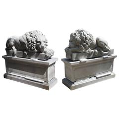 Pair of Large Carved Stone Lions on Pedestals, "The Sleeping and The Vigilant" 7