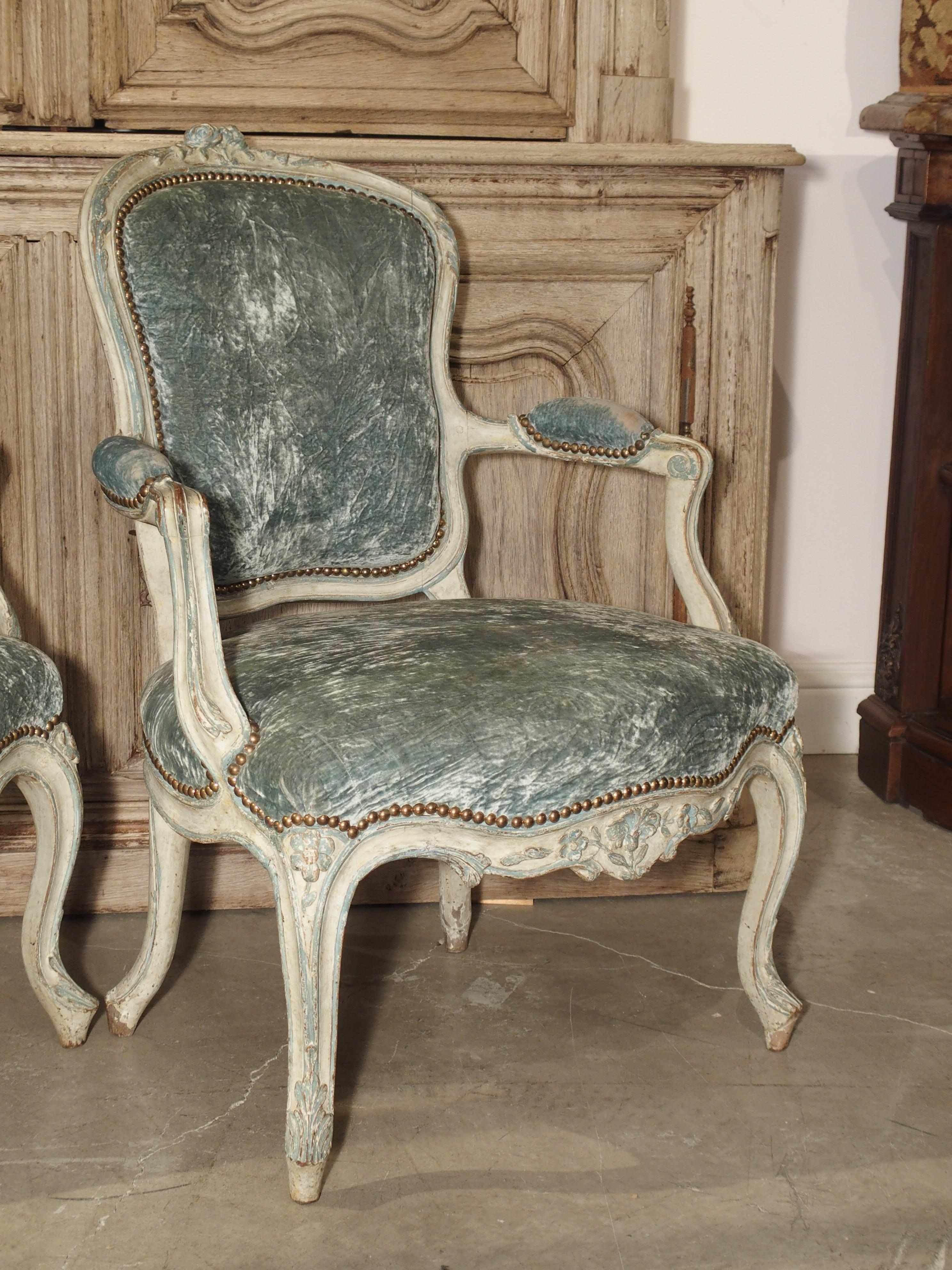 Pair of Period French Louis XV Blue and Cream Lacquered Cabriolet Armchairs 5