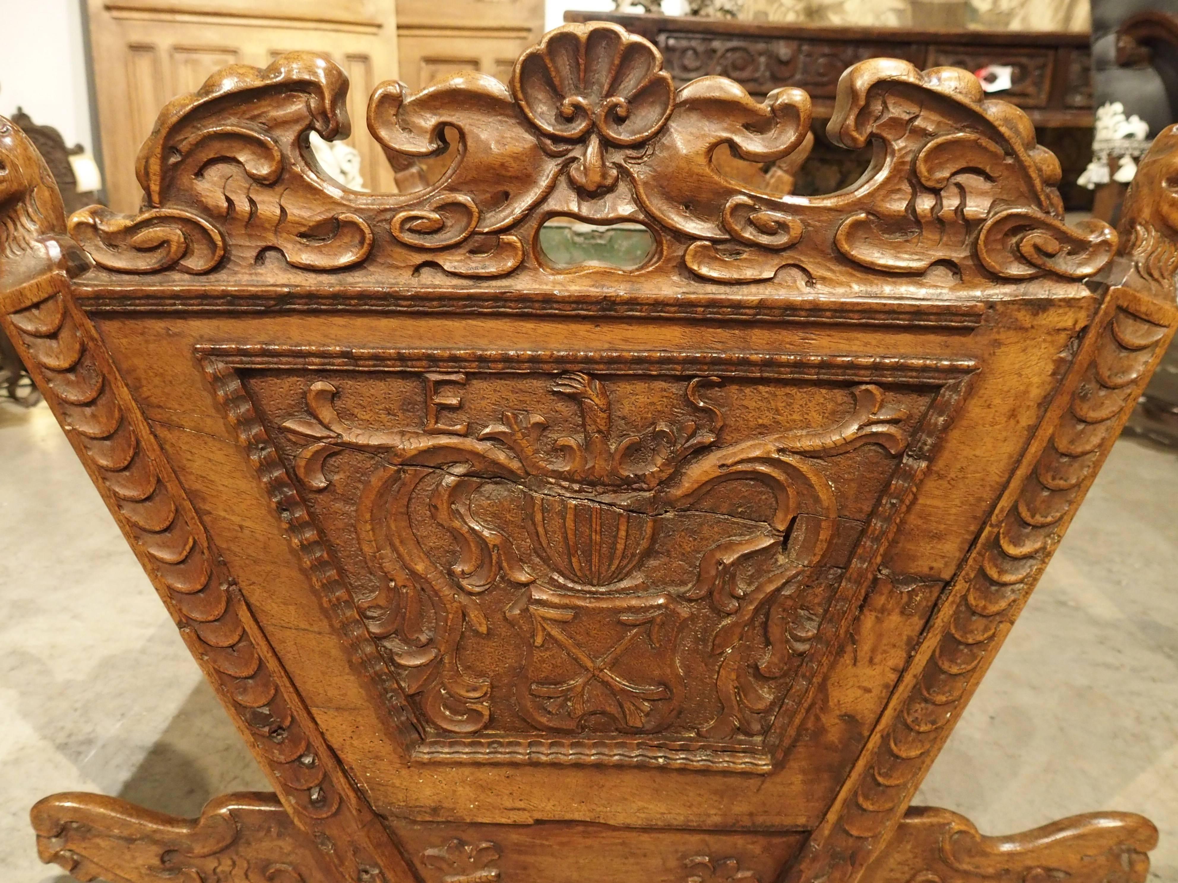 Tin liner added in the 1800s or later to convert to a planter.

This wonderful 18th century French crib from the Bourgogne area has been converted into a planter sometime in the 19th century. It would have been originally carved during the 1700s,