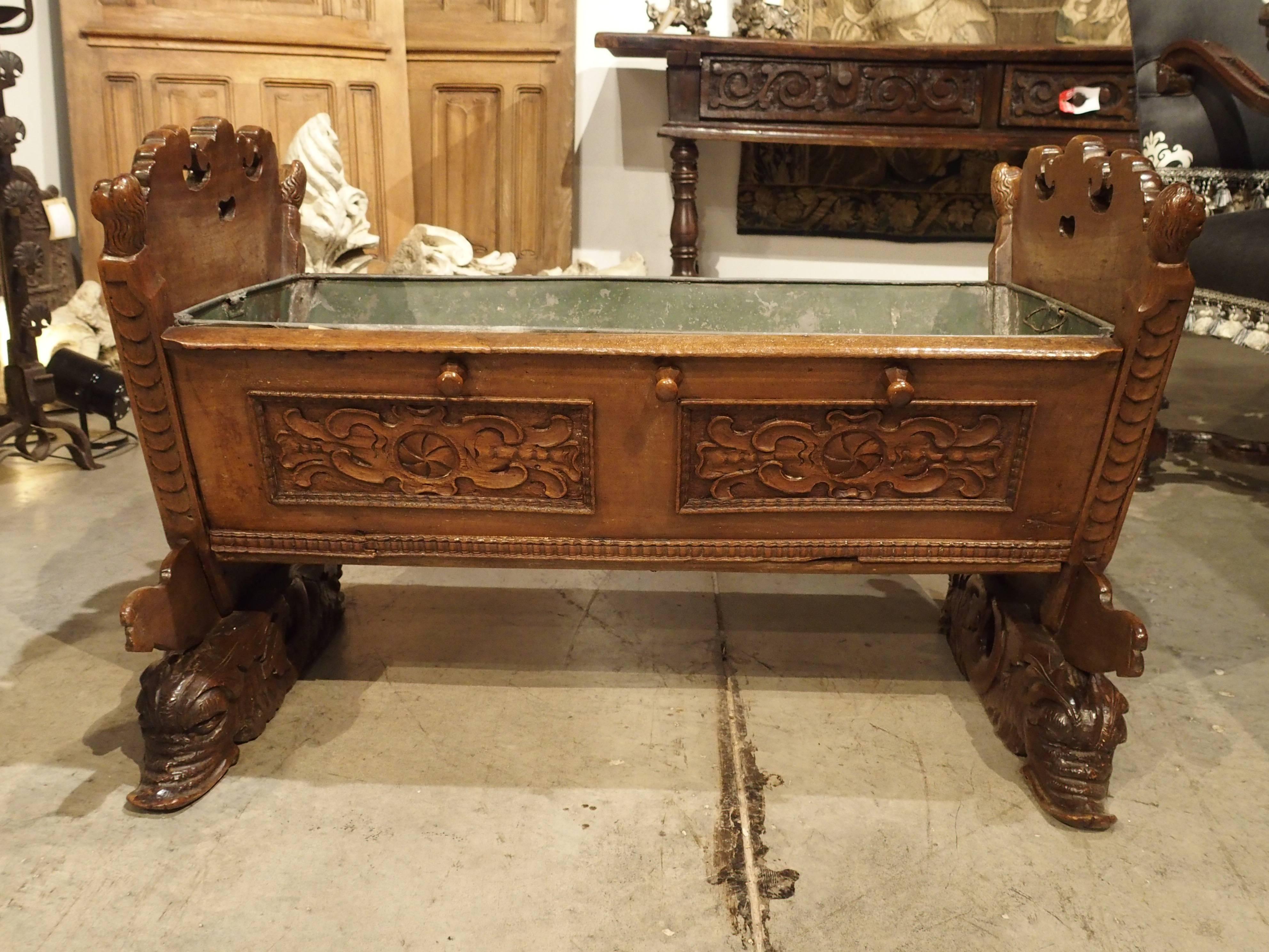 Carved 18th Century French Walnut Wood Crib with Coat of Arms, Bourgogne