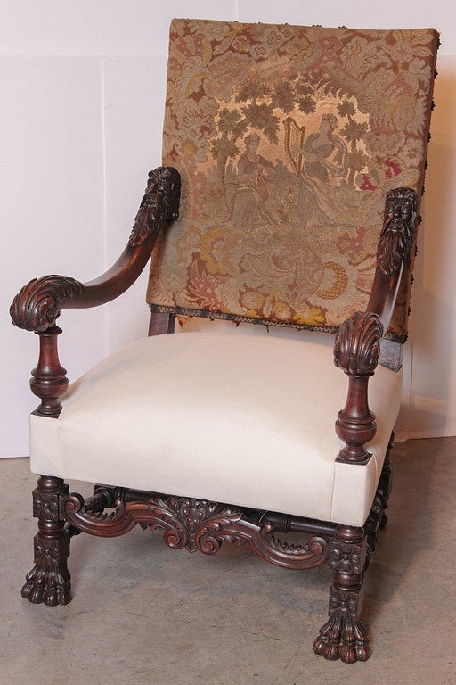 Pair of Antique Louis XIV Style Walnut Wood Armchairs with Lion’s Paw Feet In Good Condition In Dallas, TX