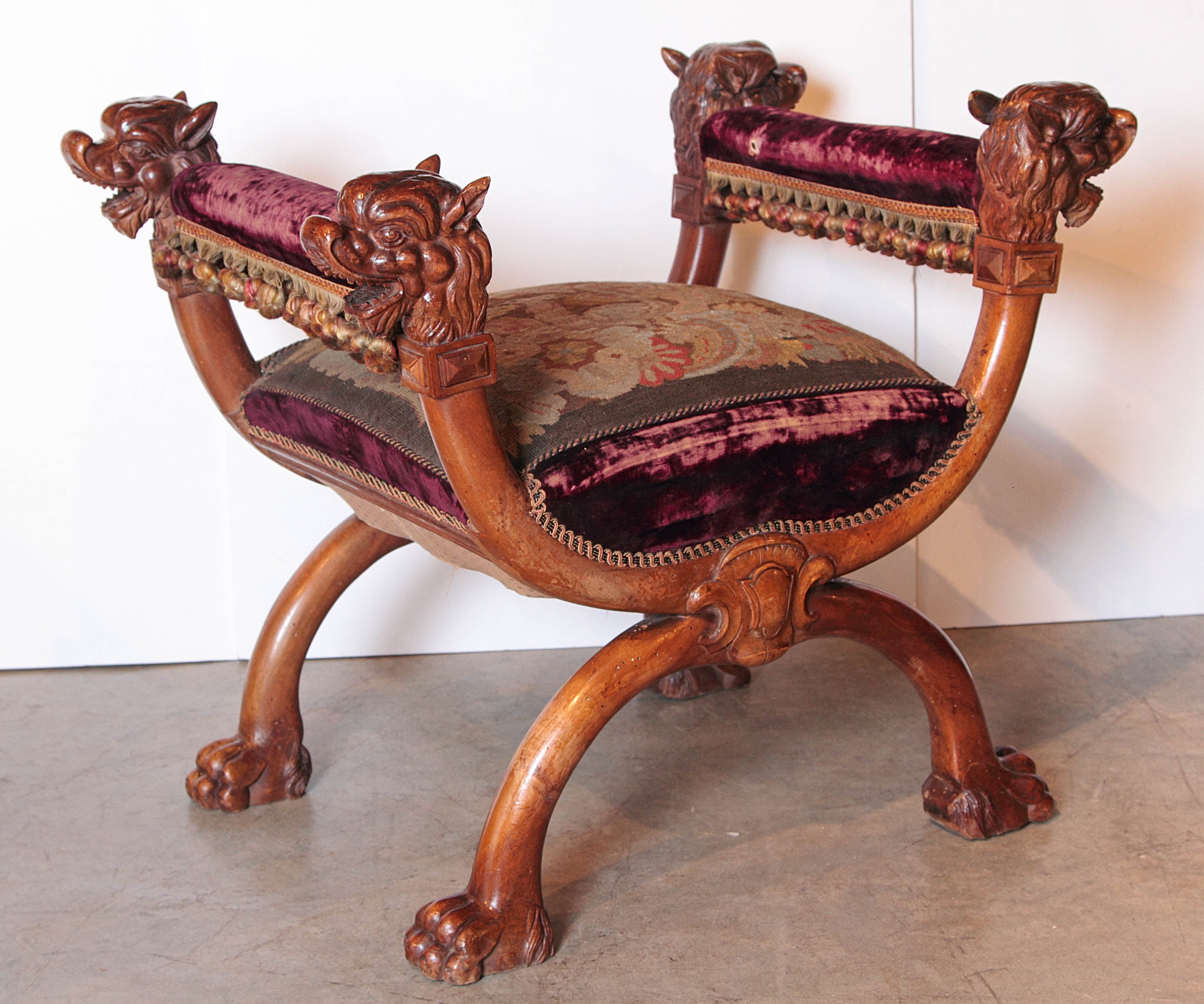 Antique Walnut Wood Curule Seat from France, circa 1880