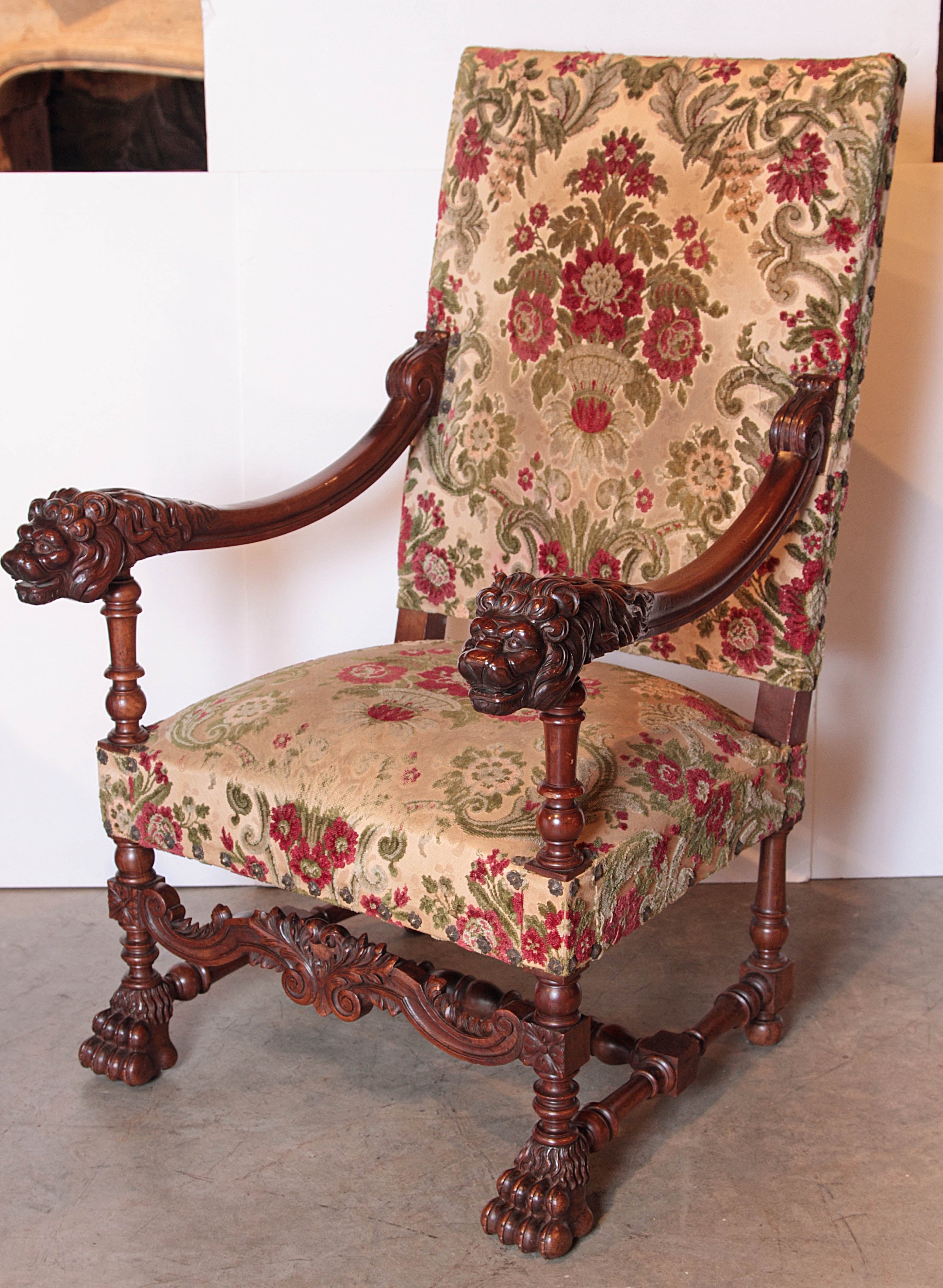Pair of French Louis XIV Style Carved Walnut Armchairs For Sale at 1stDibs