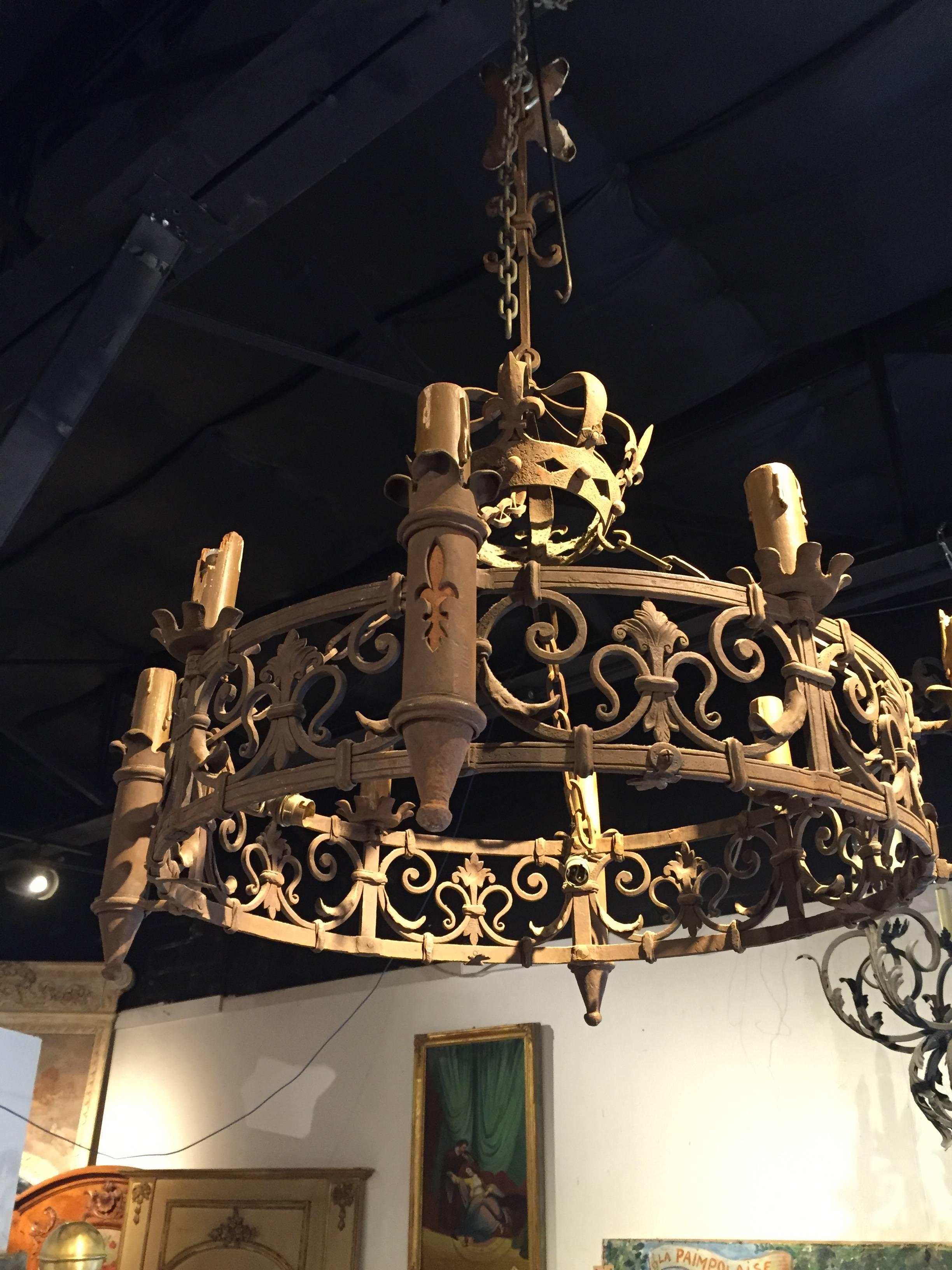 Antique French Forged Iron Chandelier with Fleur de Lys Motifs  2