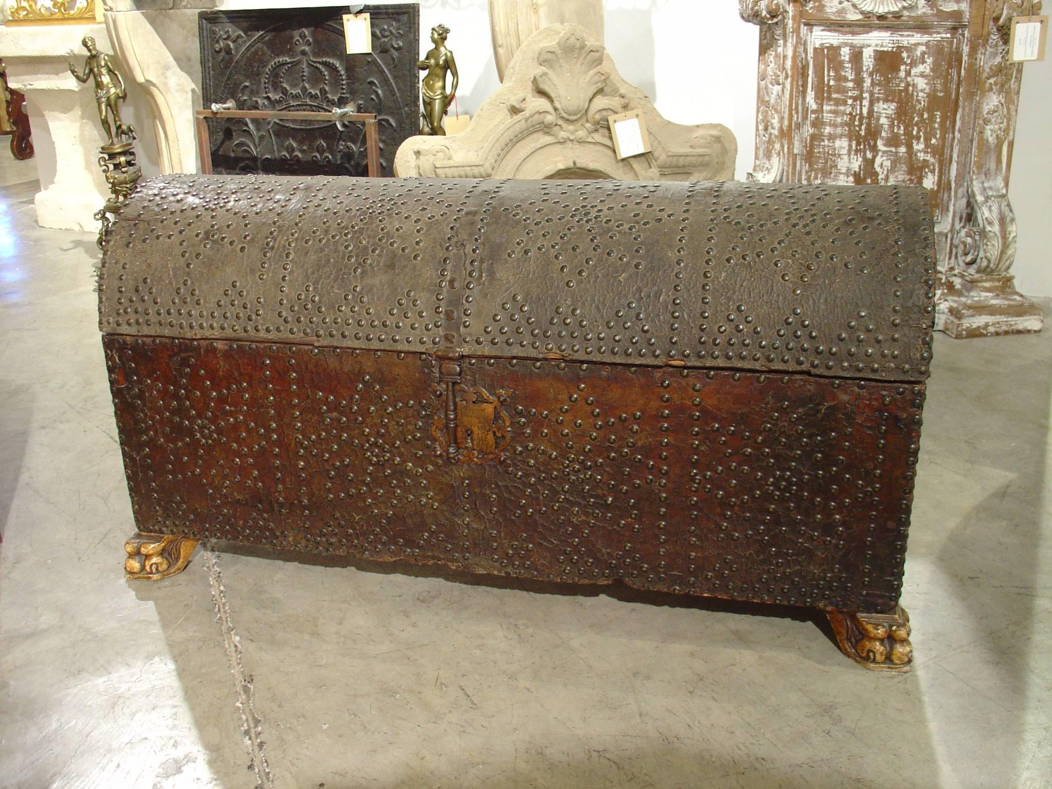 Spanish 17th Century Rounded Top Leather Trunk from Spain