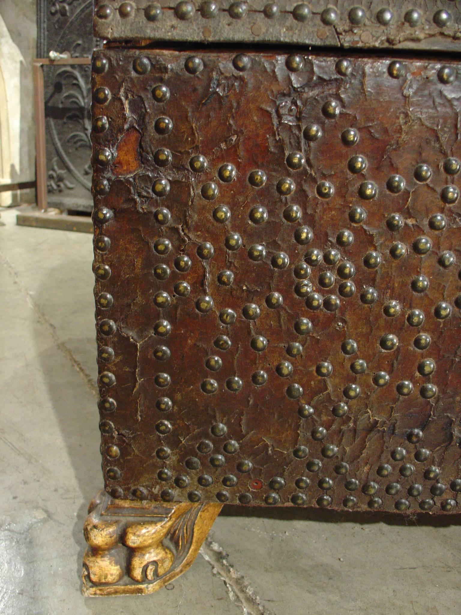 18th Century and Earlier 17th Century Rounded Top Leather Trunk from Spain