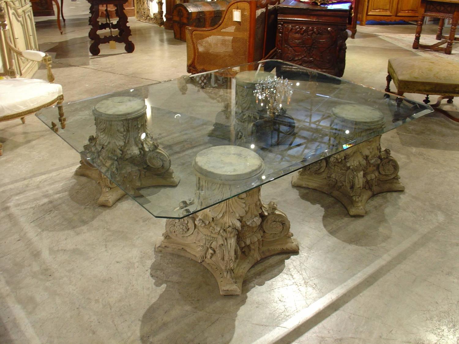Beveled Glass Top Coffee Table on Cast Stone Corinthian ...