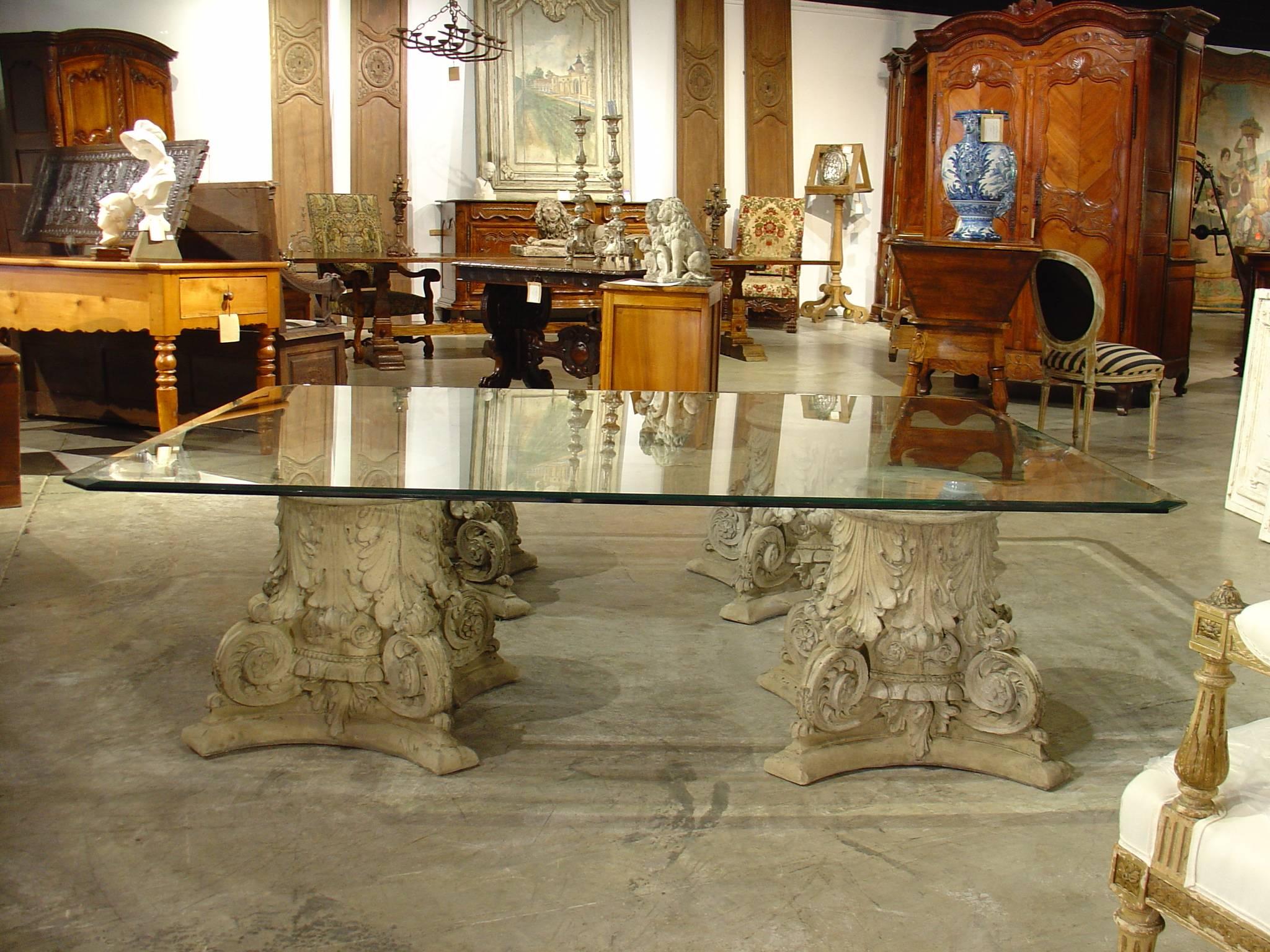 French Beveled Glass Top Coffee Table on Cast Stone Corinthian Capital Bases