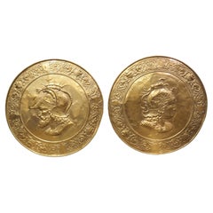 Set of Large 19th C. French Gilded Copper Repousse Chargers of Mars and Minerva