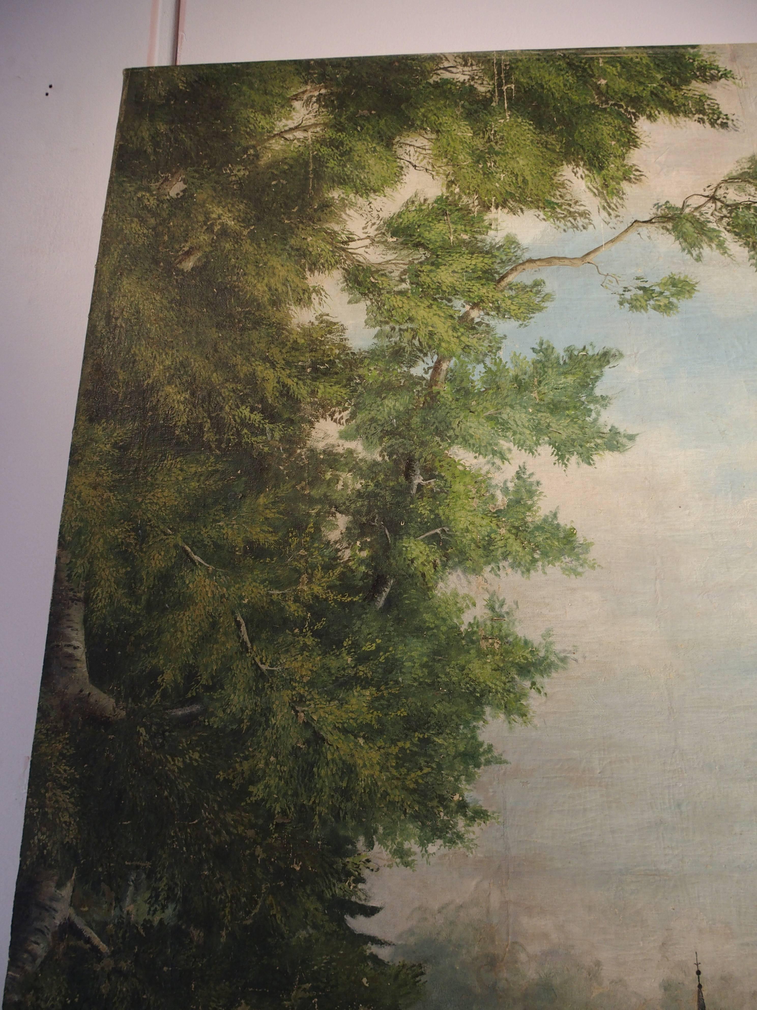Large Antique French Chateau Painting on Canvas from Valence, France 5
