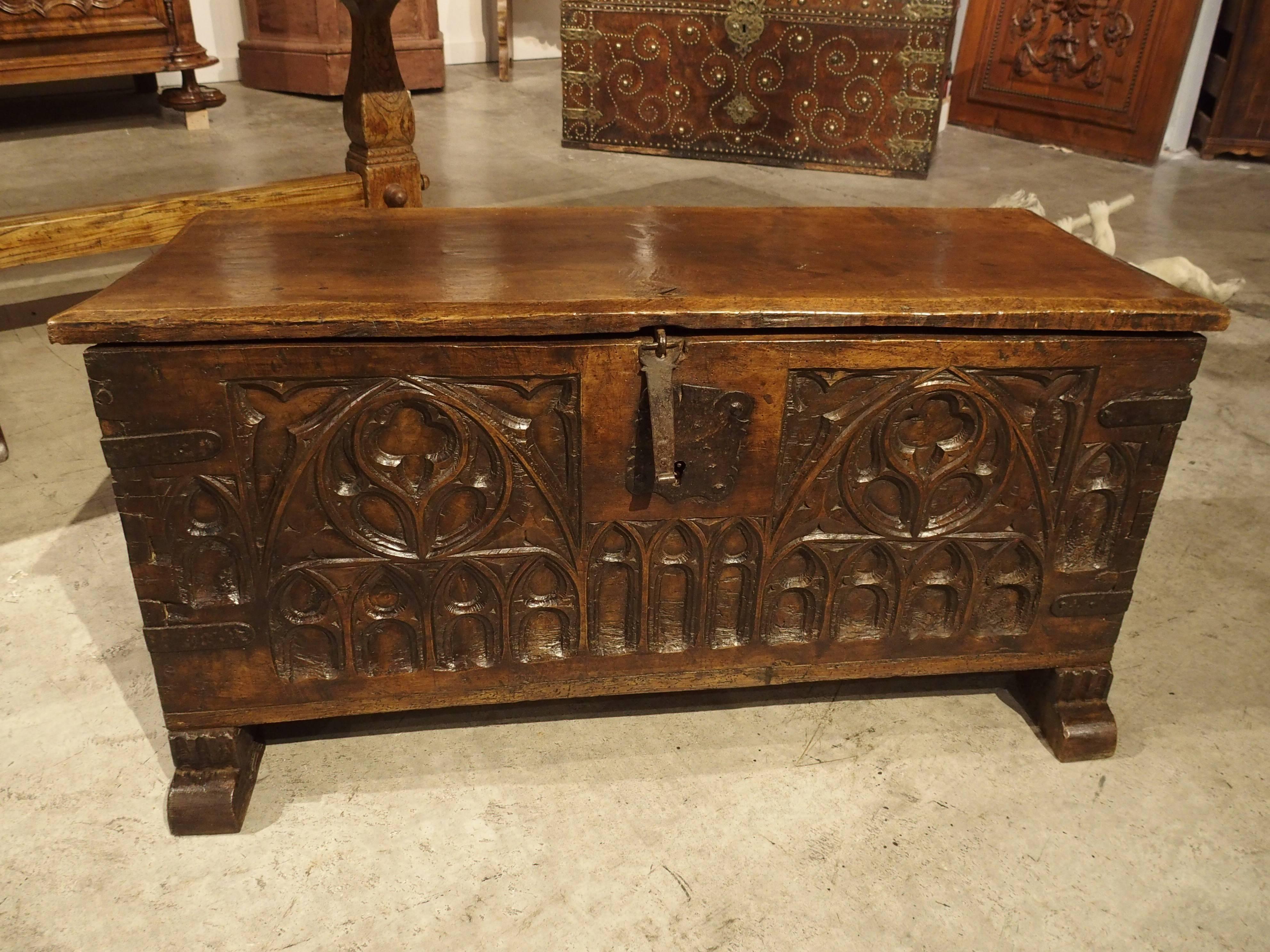 Carved 17th Century French Walnut Wood Gothic Trunk