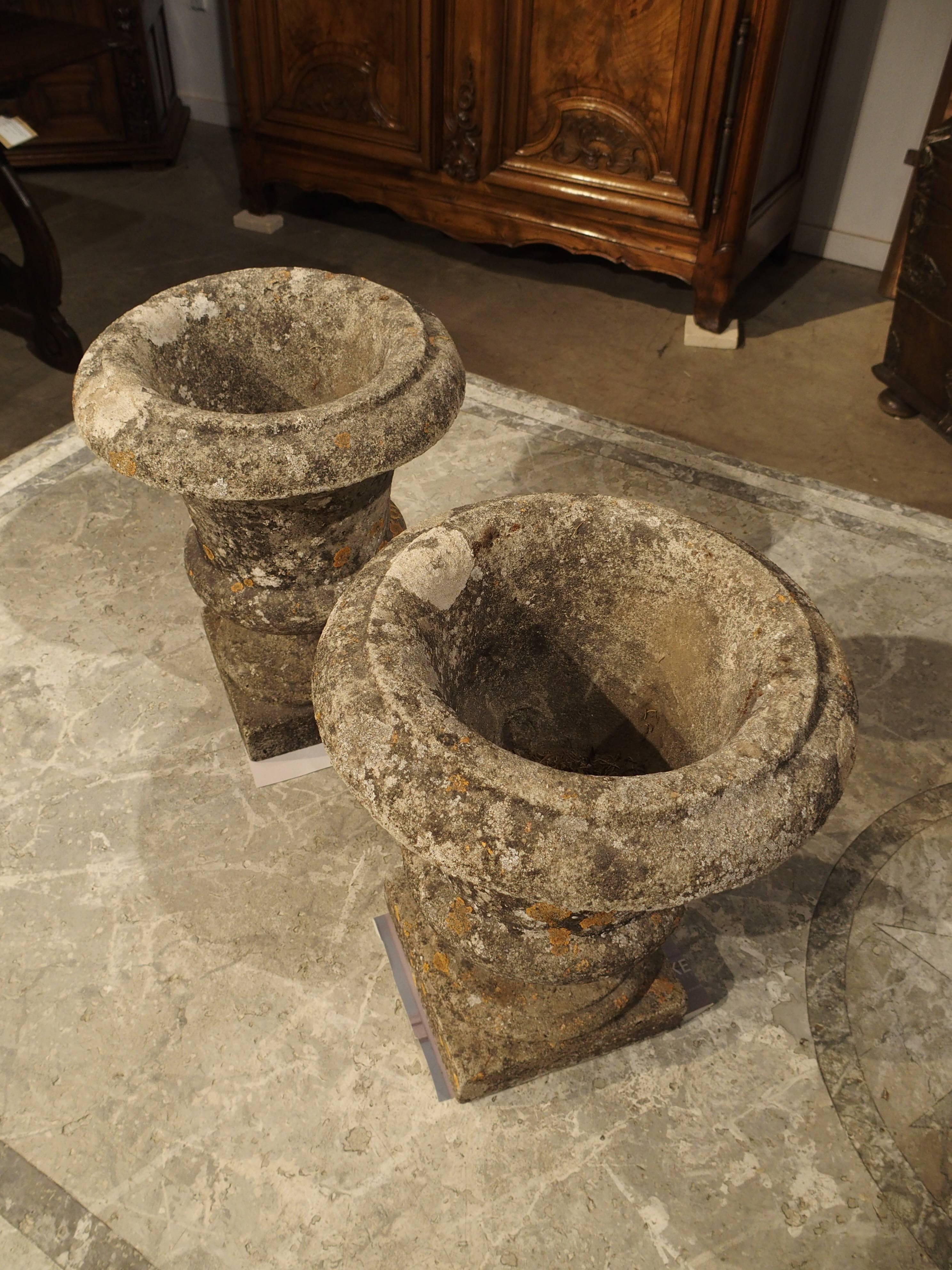 French Pair of Small Reconstituted Stone Urns from France