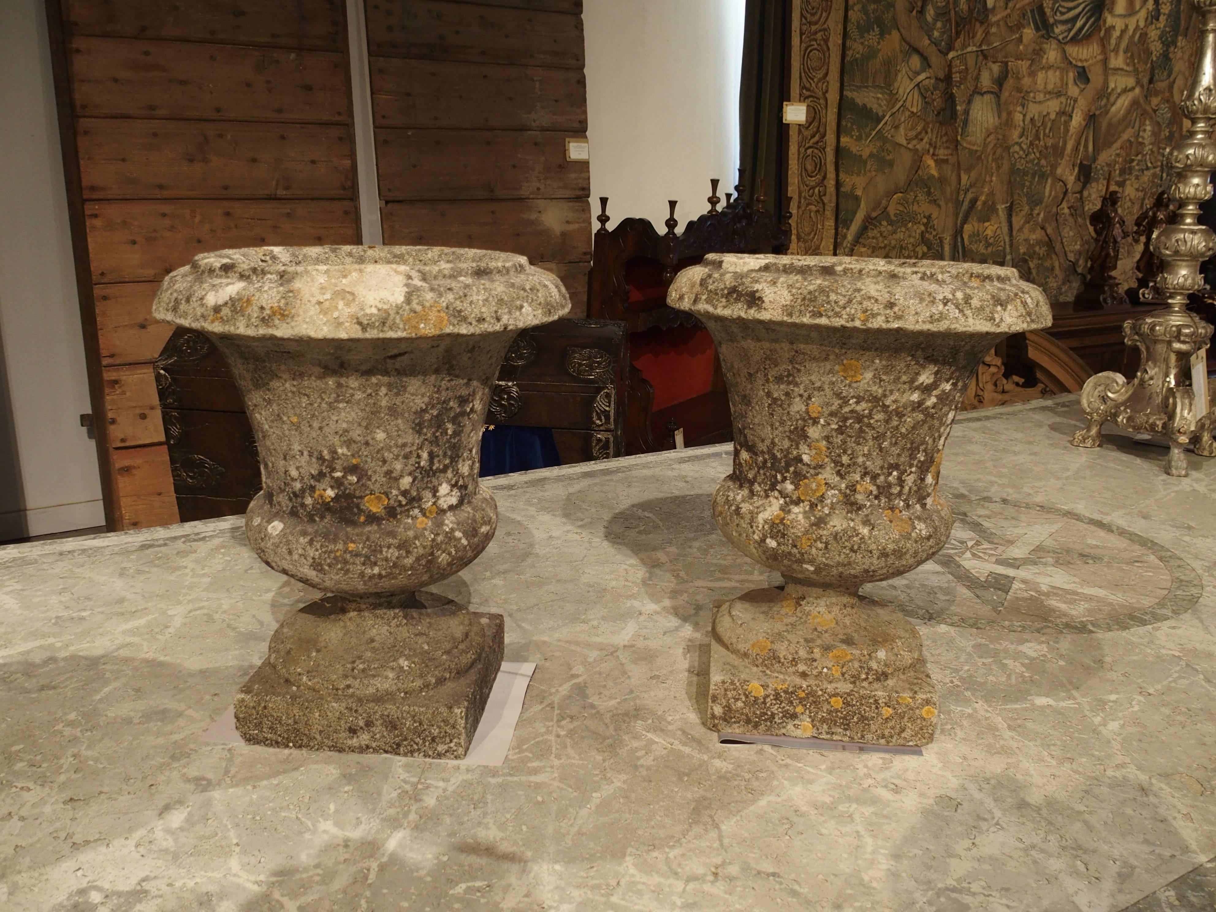 Pair of Small Reconstituted Stone Urns from France 3