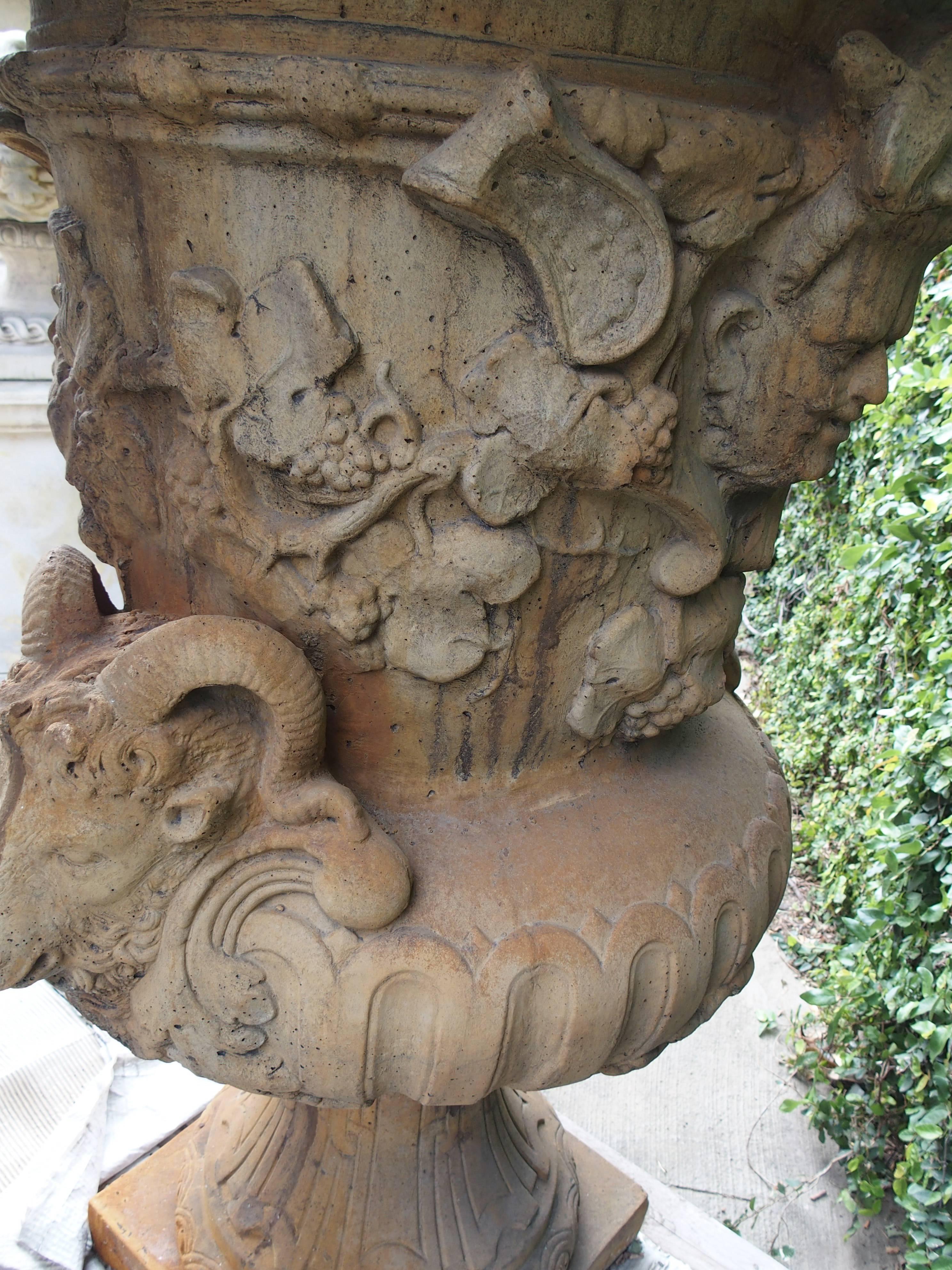 Pair of Large European Cast Garden Urns with Mascarons, Rams Heads, and Grape  4