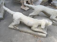 Pair of Cast Stone Dog Statues in Light Gray Sandstone Finish