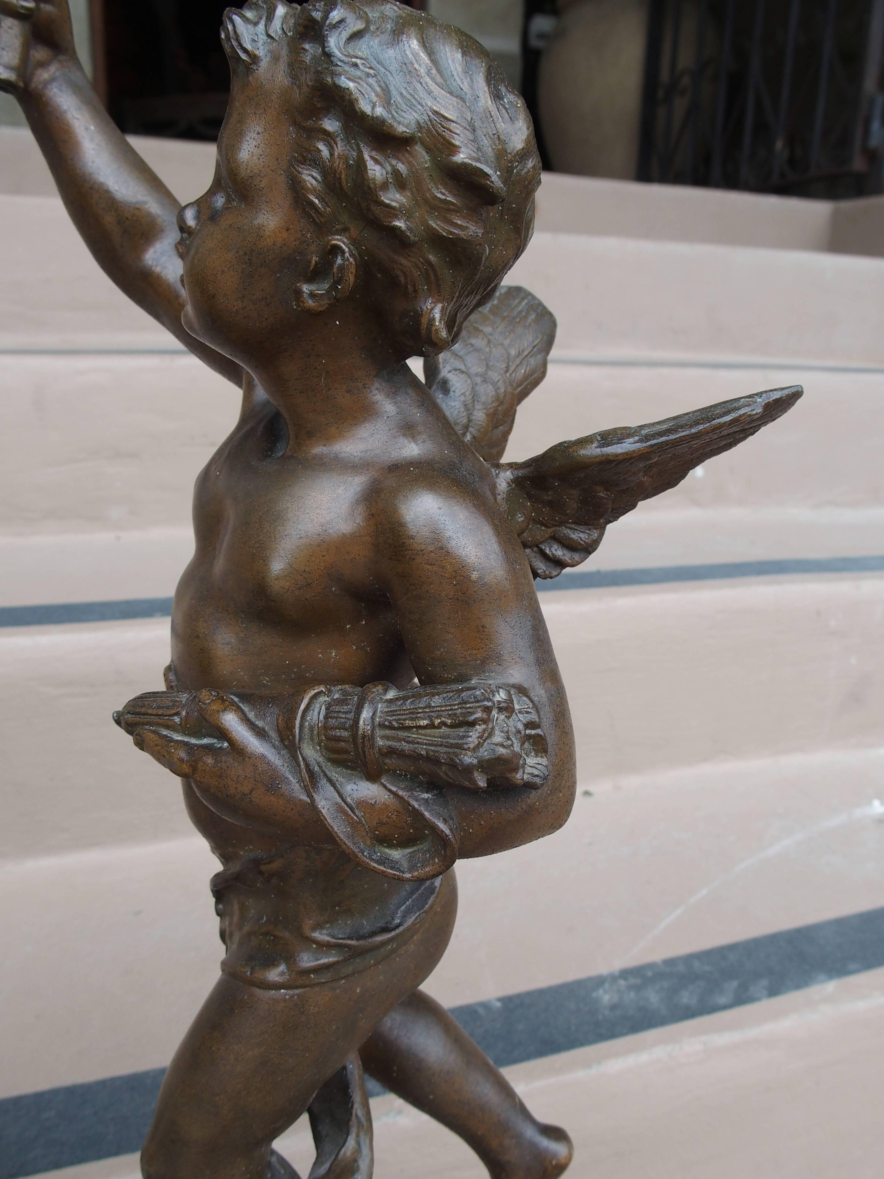 Pair of Antique French Cherub Figures Mounted to Marble Bases In Good Condition In Dallas, TX