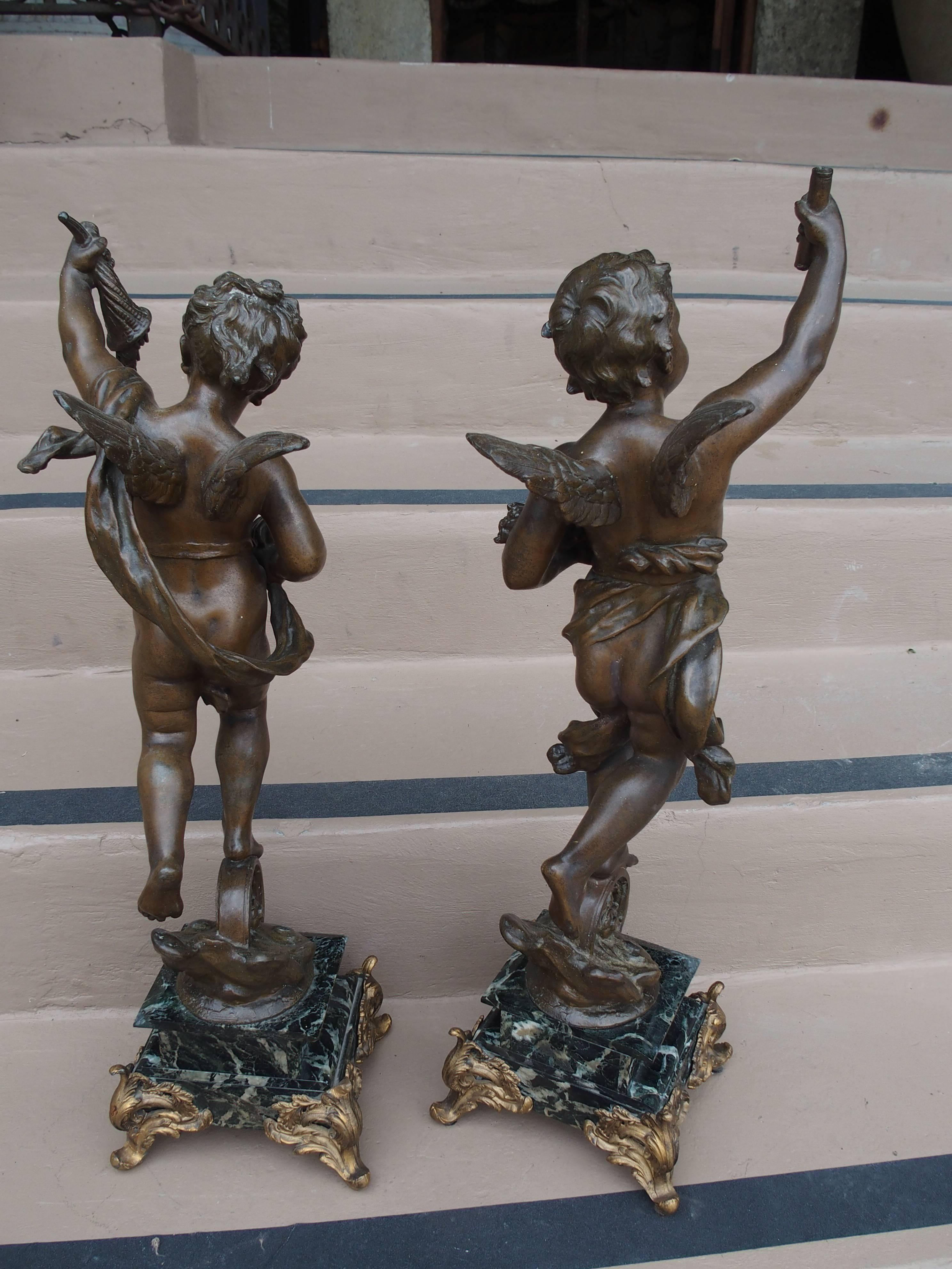 19th Century Pair of Antique French Cherub Figures Mounted to Marble Bases