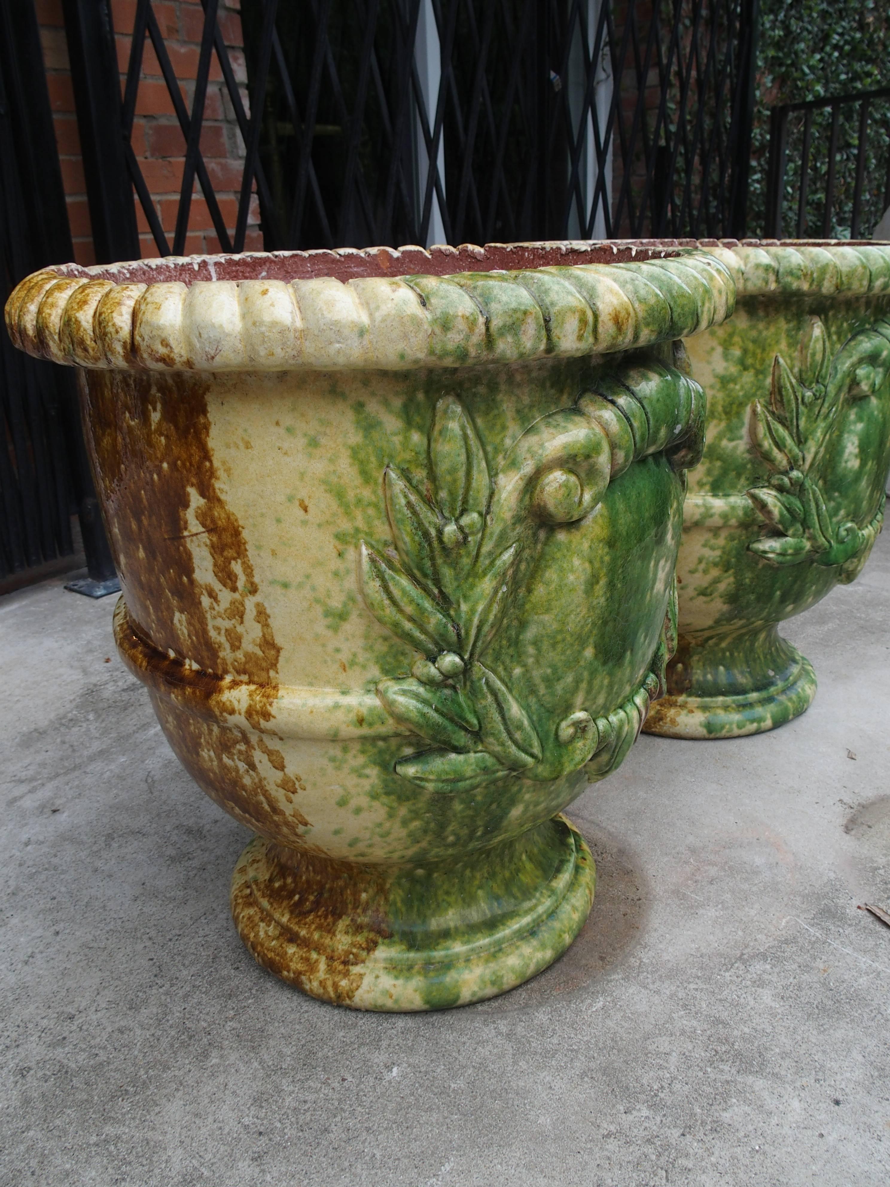 Pair of Glazed French Anduze Pots In Excellent Condition In Dallas, TX