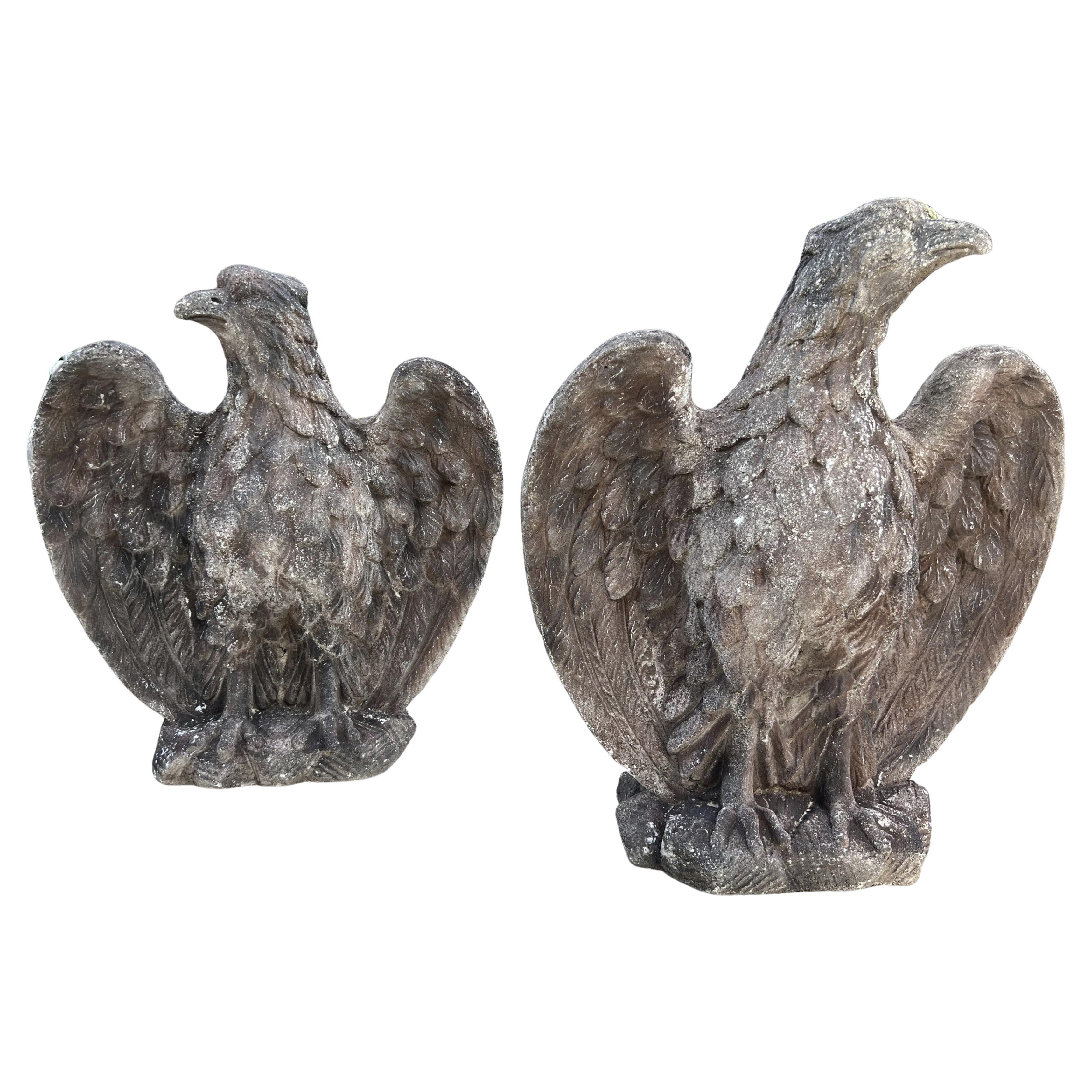 Pair of Vintage Cast Stone Eagles from France