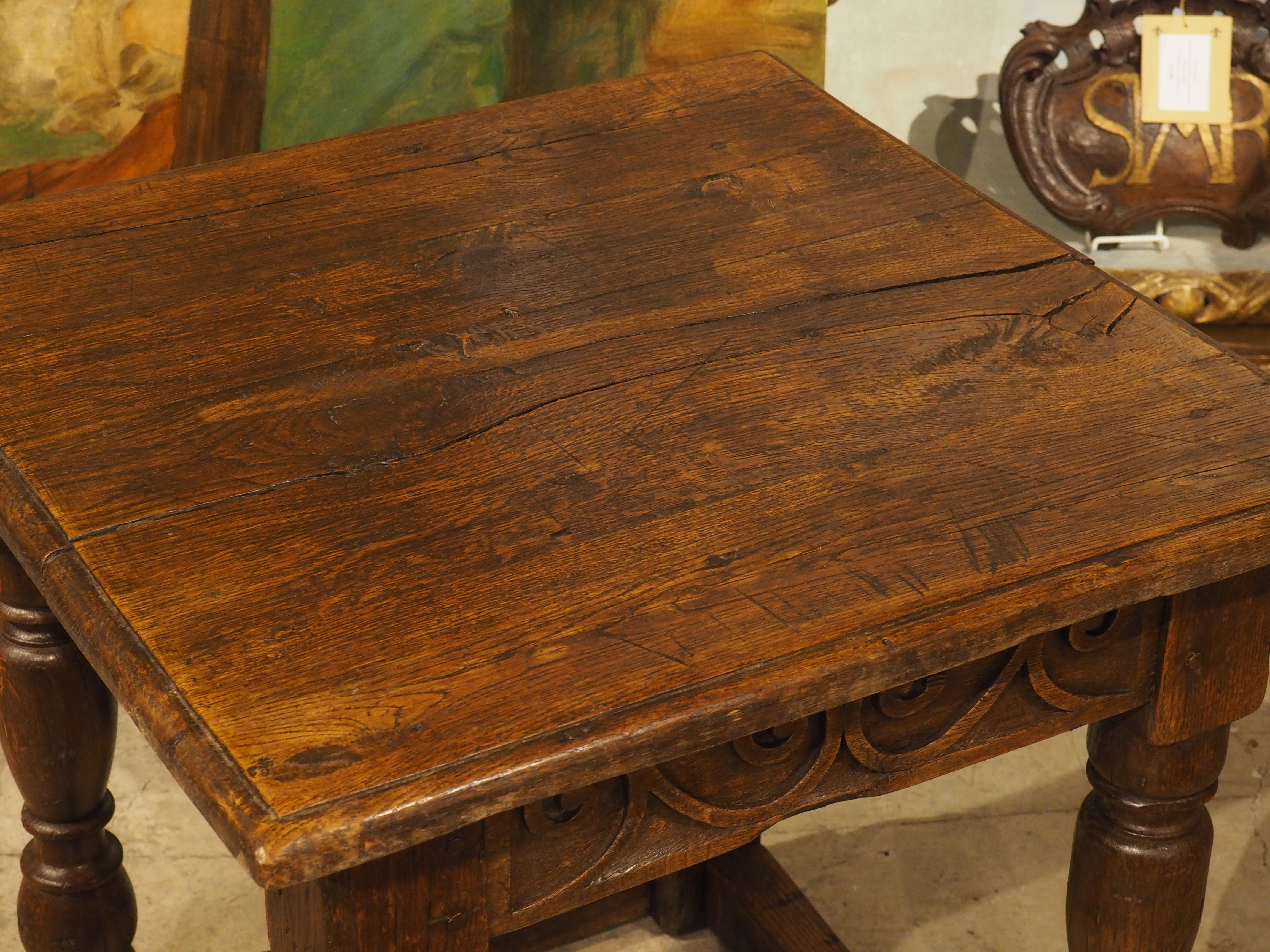 More information coming soon…

Hand-carved in oak during the 1700s, this English side or occasional table would make a wonderful addition to just about any room.  The one inch thick top sits above an apron adorned on each side with Vitruvian waves