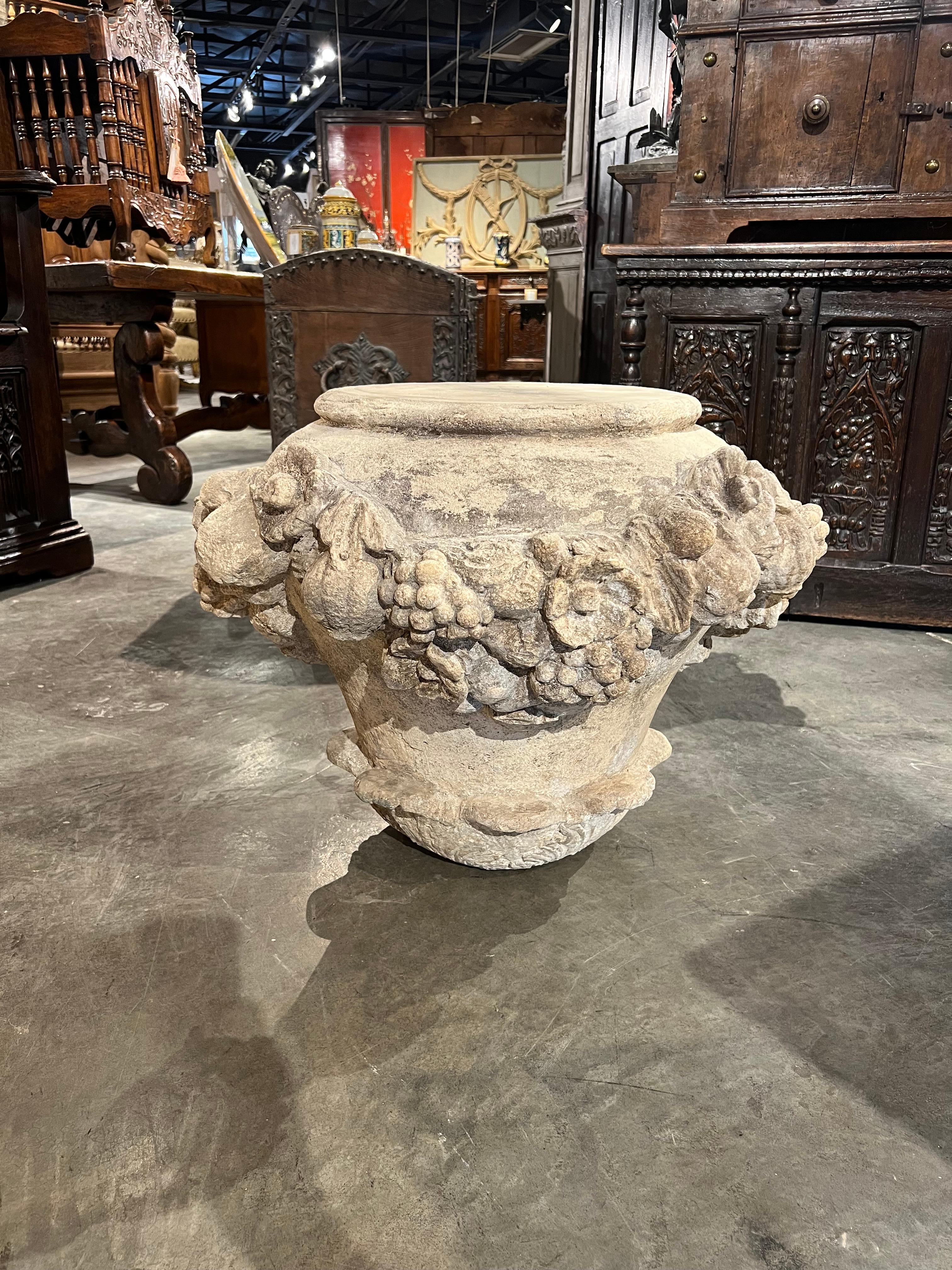 Italian Cast Stone Fruit and Floral Swag Coffee Table Base or Pedestal For Sale 5