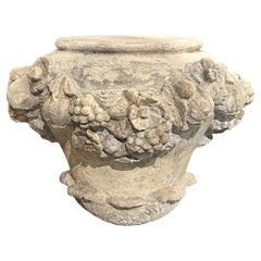 Italian Cast Stone Fruit and Floral Swag Coffee Table Base or Pedestal