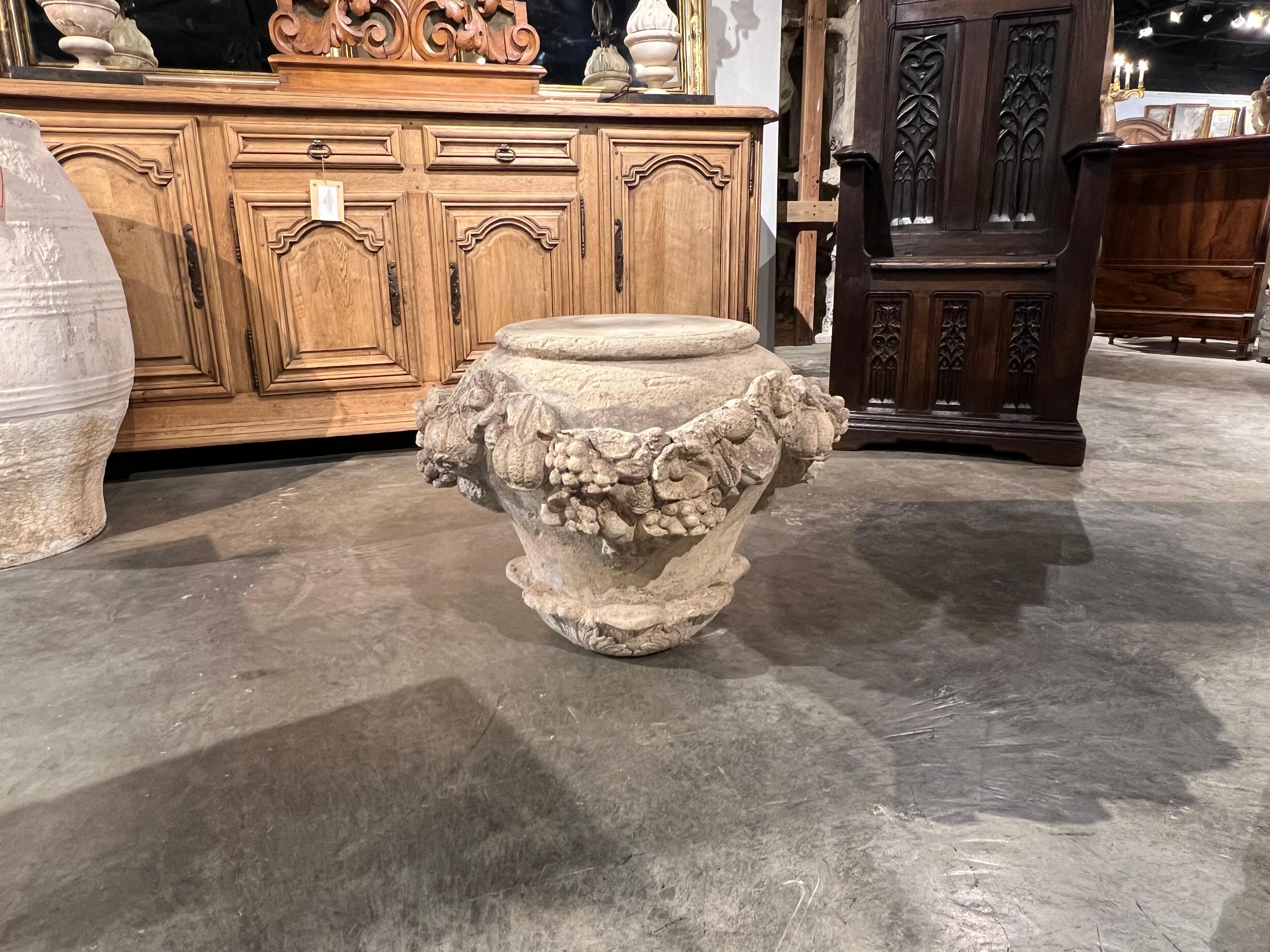 Contemporary Italian Cast Stone Fruit and Floral Swag Coffee Table Base or Pedestal For Sale