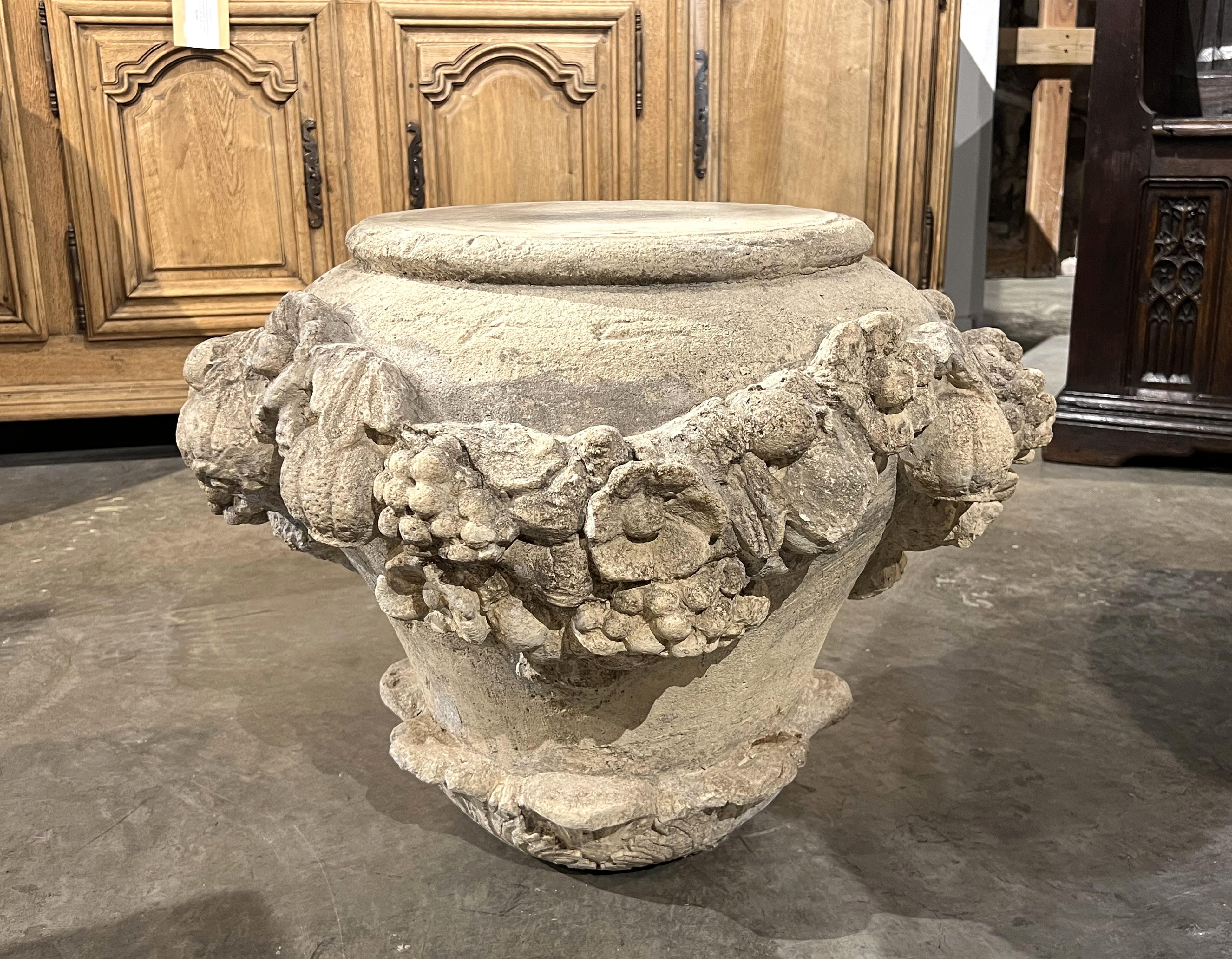 Italian Cast Stone Fruit and Floral Swag Coffee Table Base or Pedestal In Fair Condition For Sale In Dallas, TX