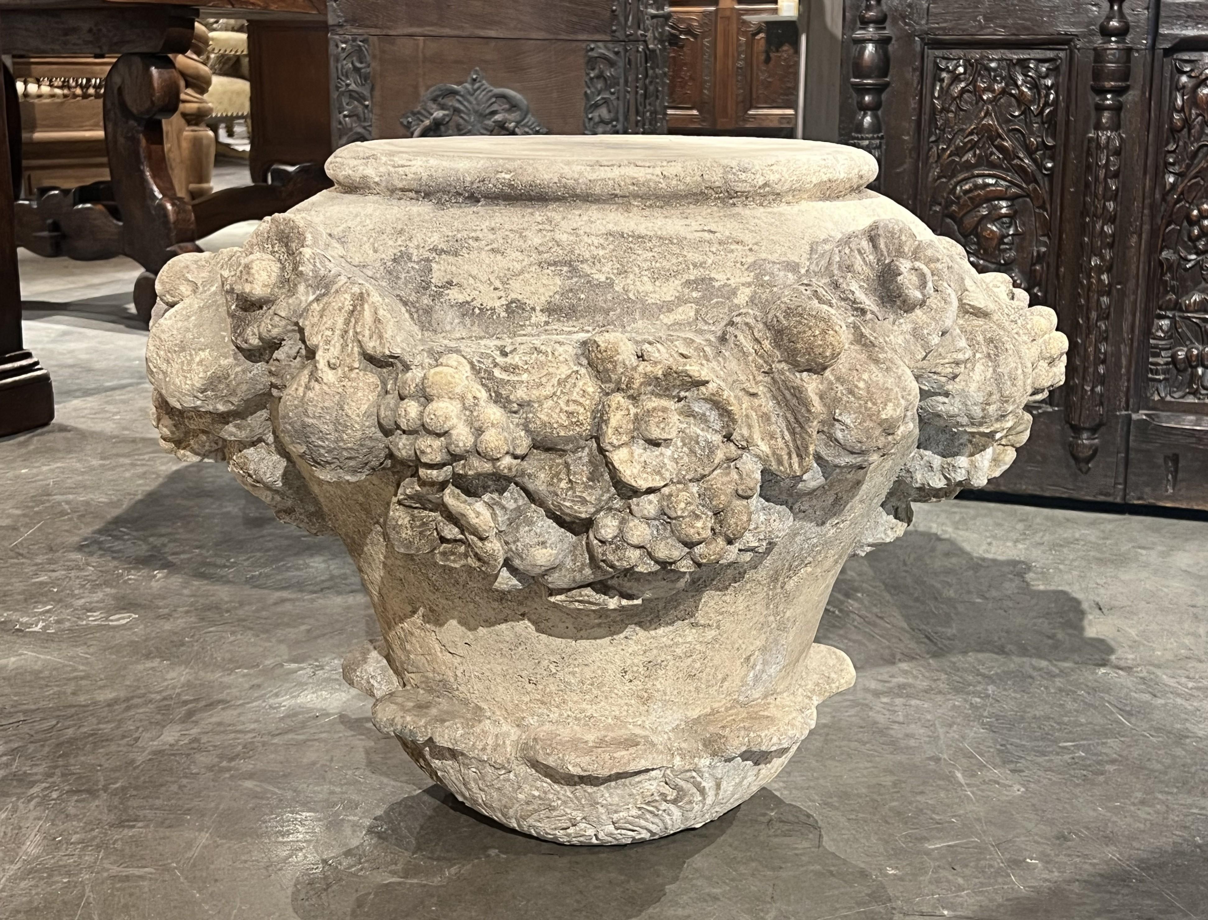 Italian Cast Stone Fruit and Floral Swag Coffee Table Base or Pedestal For Sale 7