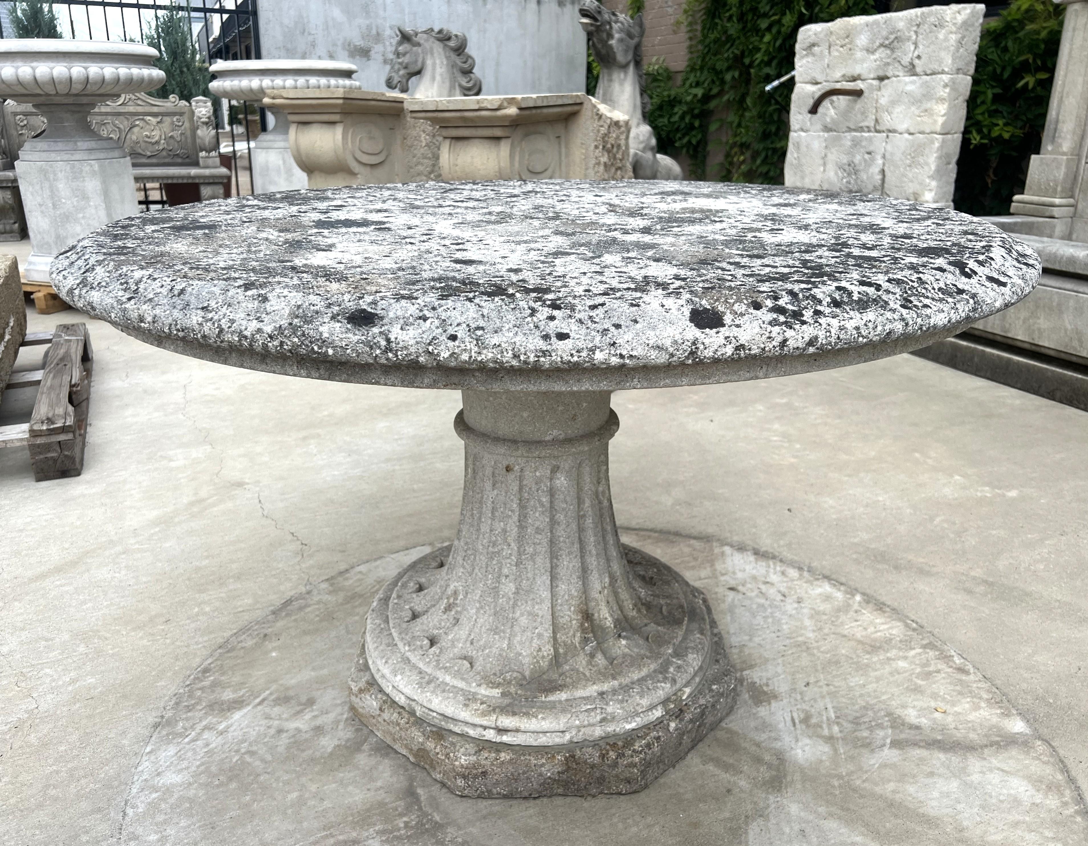 Stone Early 1900s French Circular Limestone Table with Fluted Octagonal Base For Sale