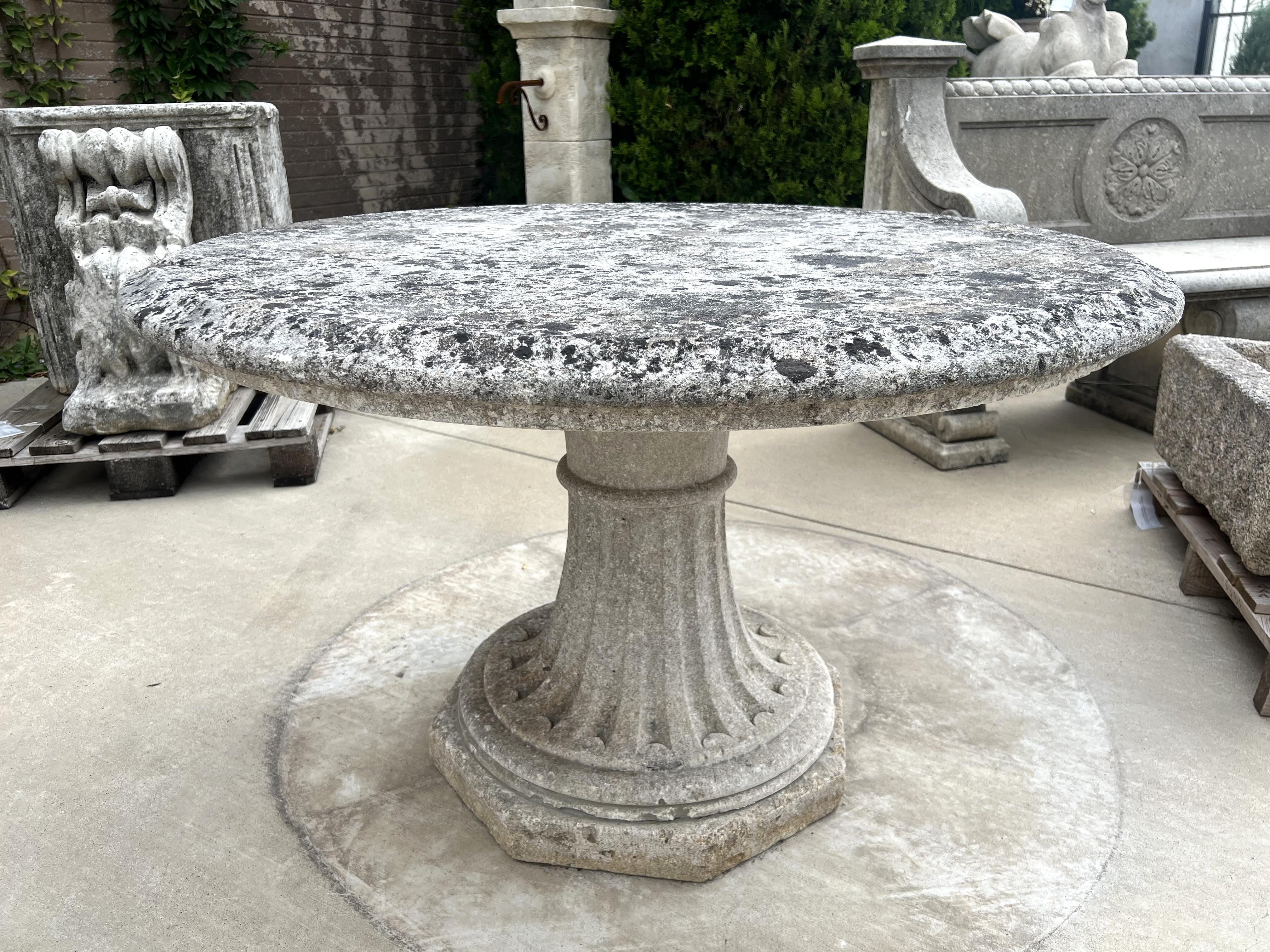 Early 1900s French Circular Limestone Table with Fluted Octagonal Base For Sale 7