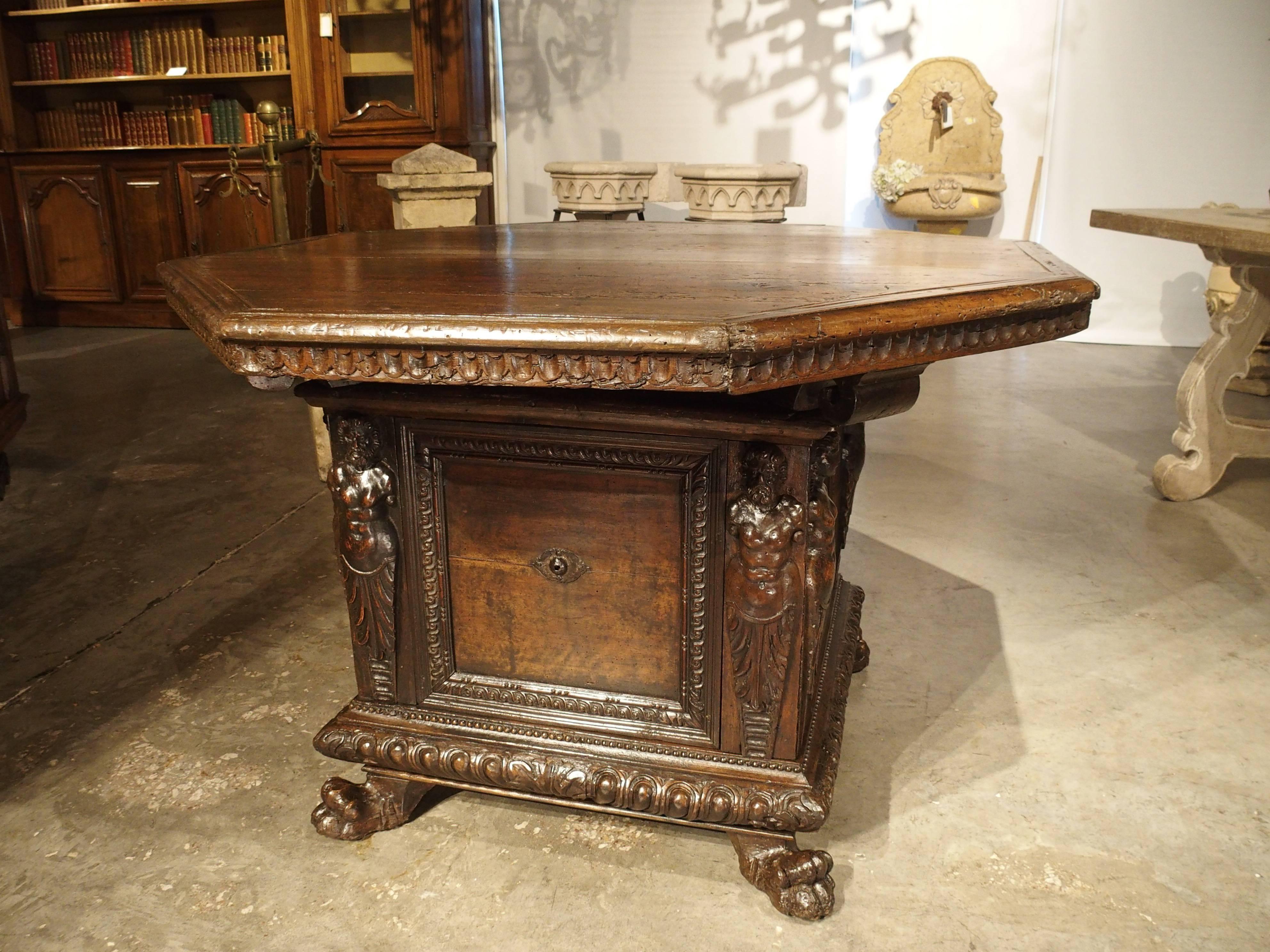 Italian Period High Renaissance Walnut Wood Octagonal Center Table from Northern Italy,