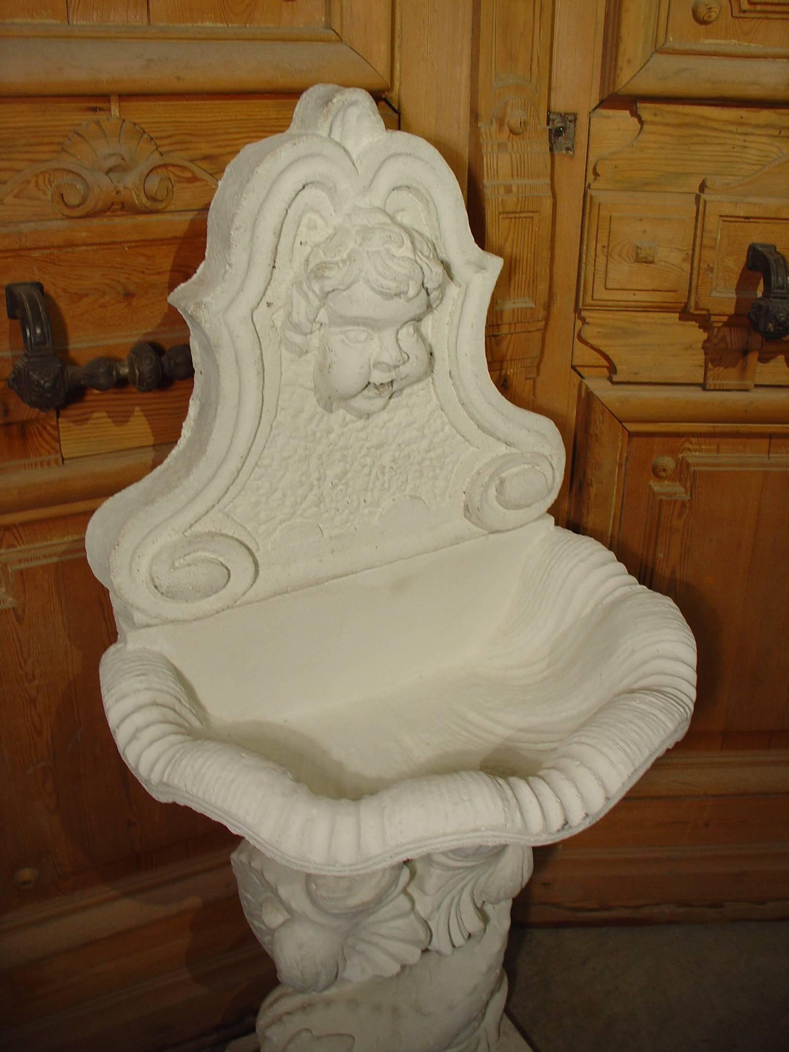 This charming stone has been cast with a mix of crushed stones and cement. This fountain is already plumbed for use. Also, it can be left in it's natural white finish, but will also take very well to outdoor paints and finishes. Fountain is made up