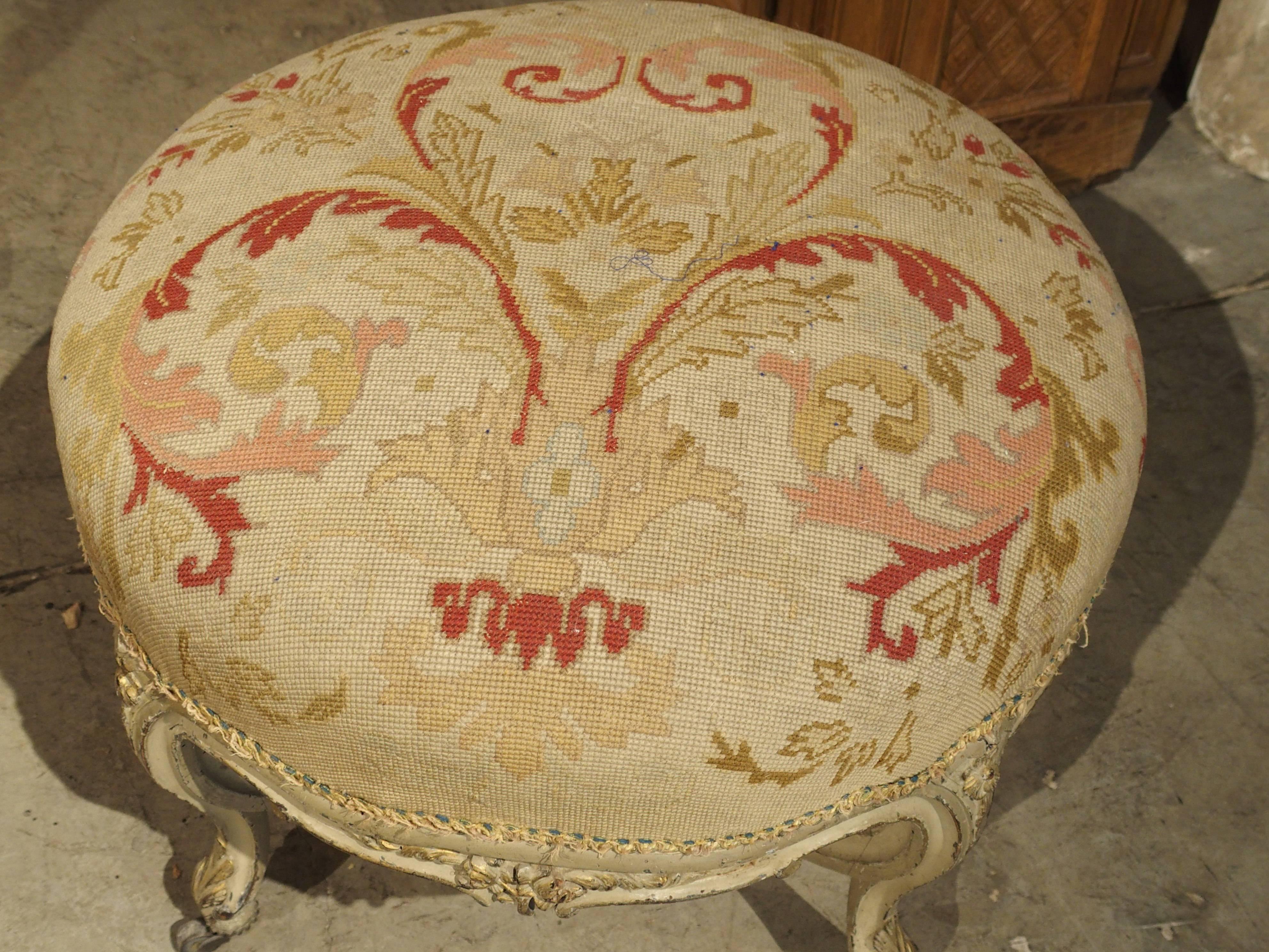 Antique Louis XV Style Needlepoint Stool from France In Good Condition In Dallas, TX